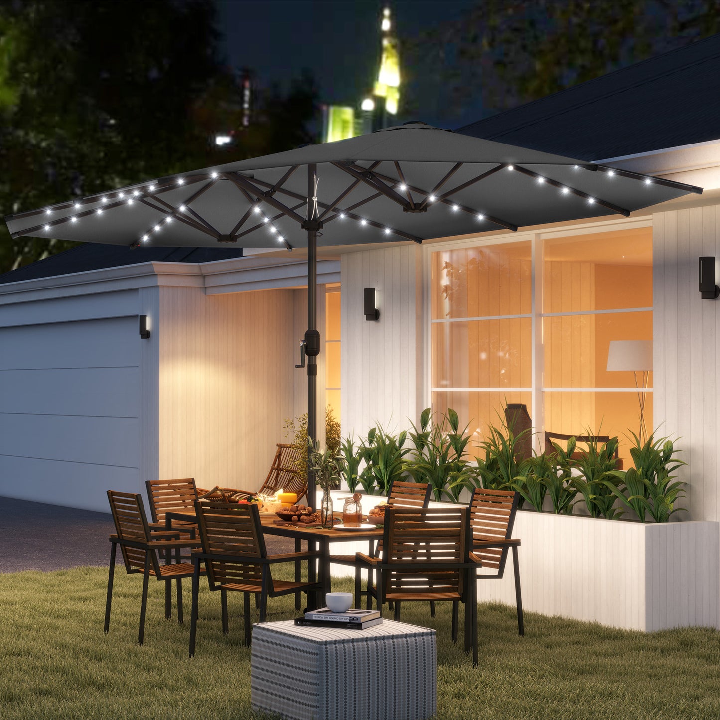 Double-Sided Garden Parasol with Solar LED Lights - Gray