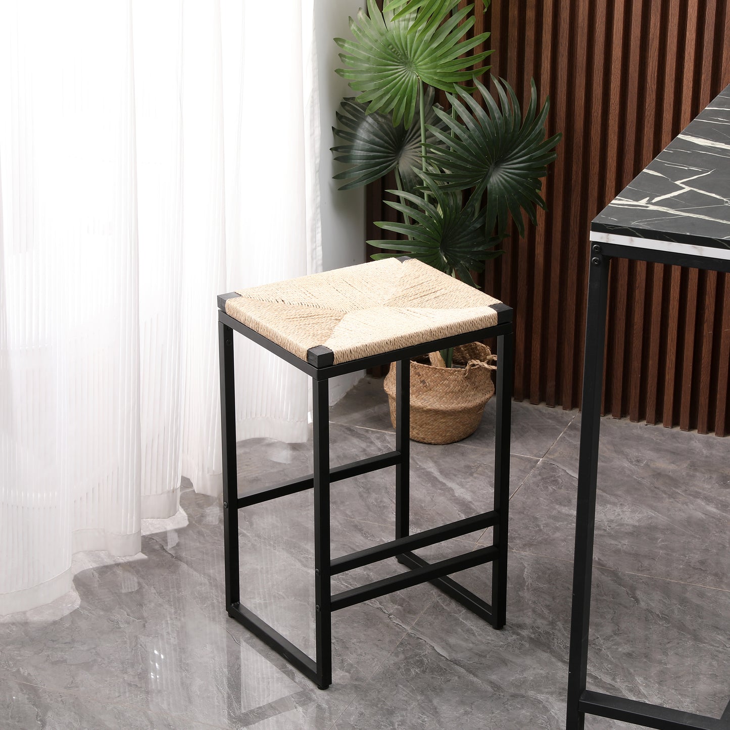Set of 2 Backless Bar Stools - Natural Paper Rope Woven Chairs