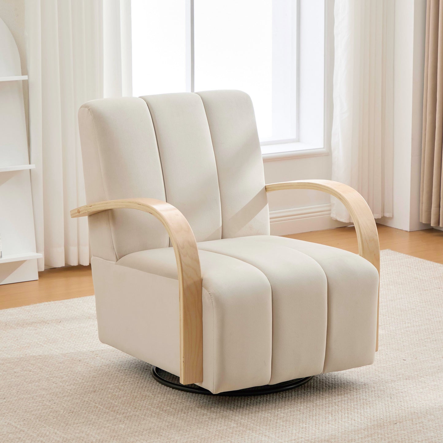 Modern Beige Upholstered Swivel Accent Chair with Solid Wood Armrests