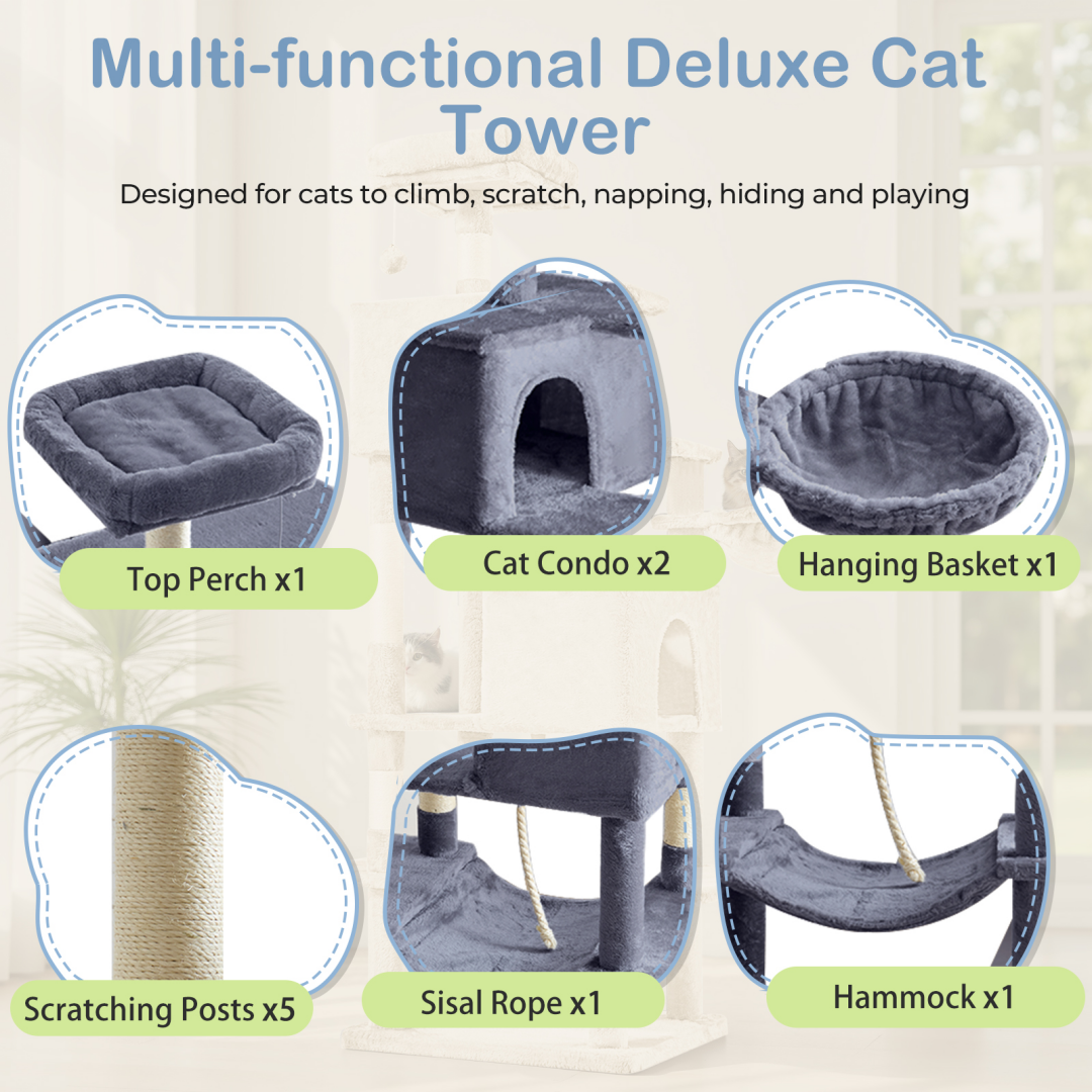 Large 66 Inch Multi-Level Cat Tree Tower with Condos & Hammock - Indoor Pet Furniture