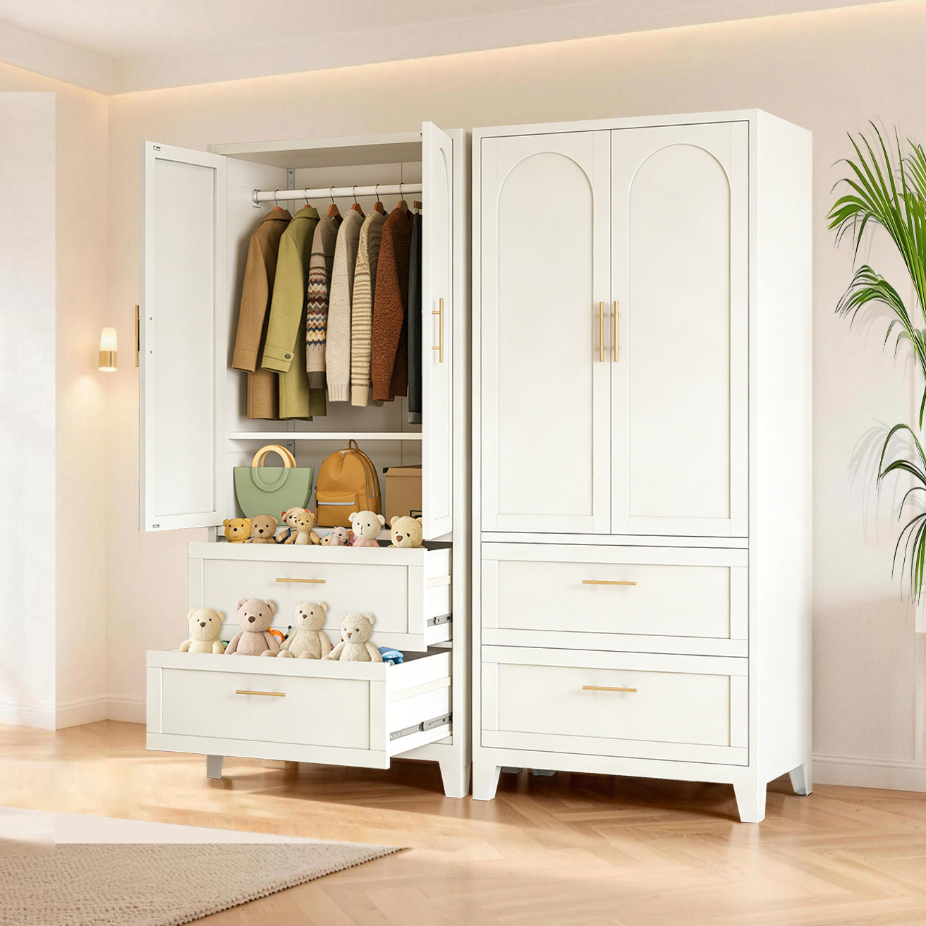 71-Inch Tall Metal Wardrobe Cabinet with 2 Drawers and Shelf - White