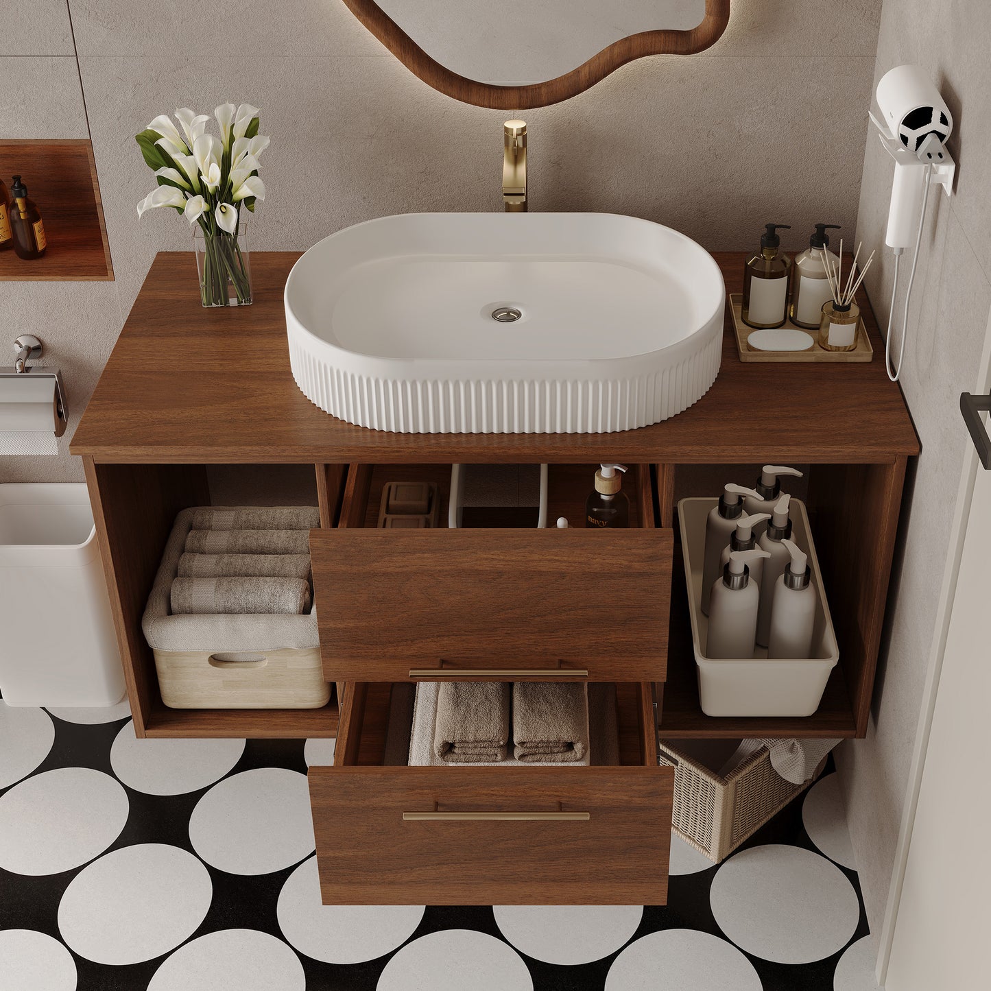 39.4" Wall-Mounted Bathroom Vanity with Oval Sink - White & Walnut