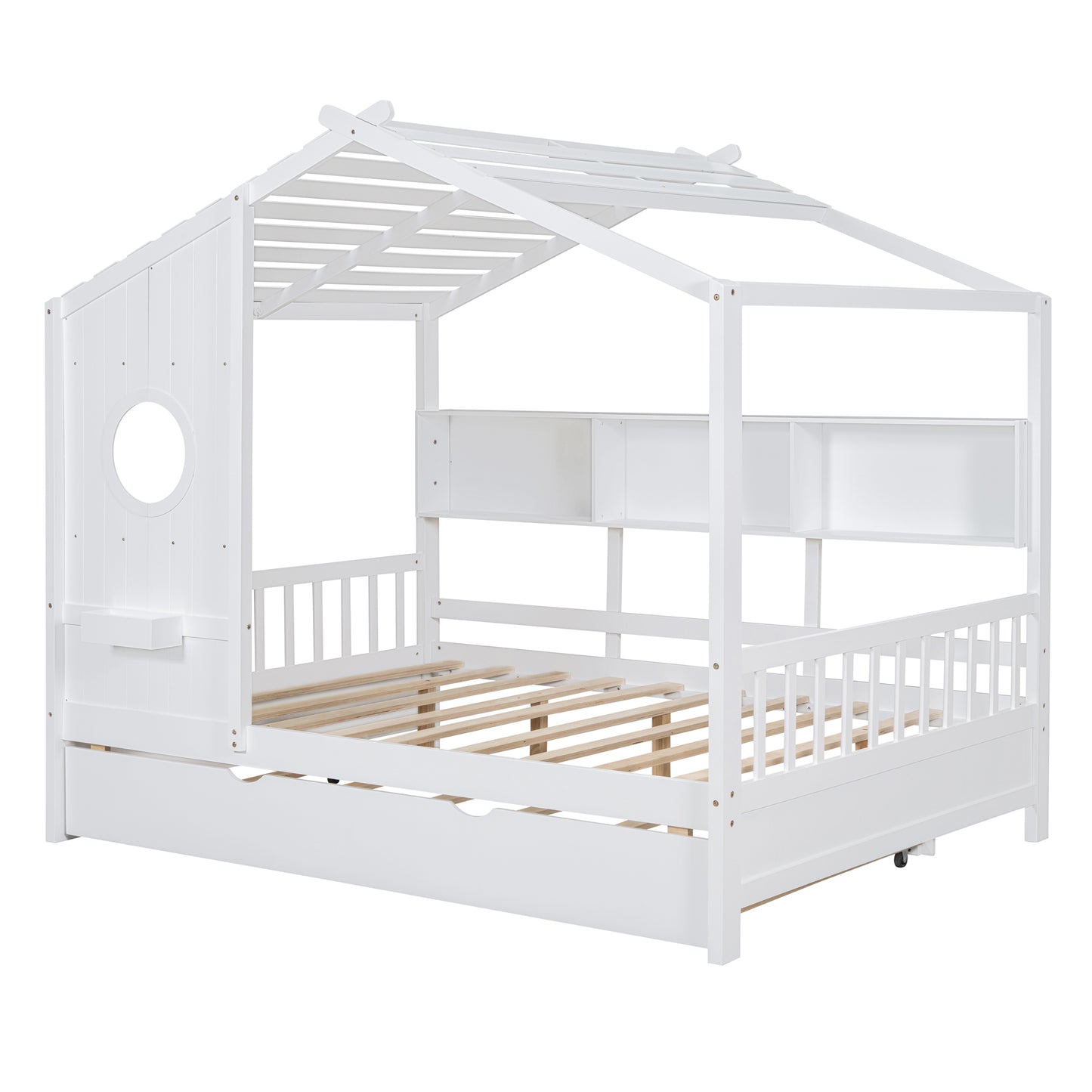 Wooden Full Size House Bed With Trundle, Modern Design For Kids