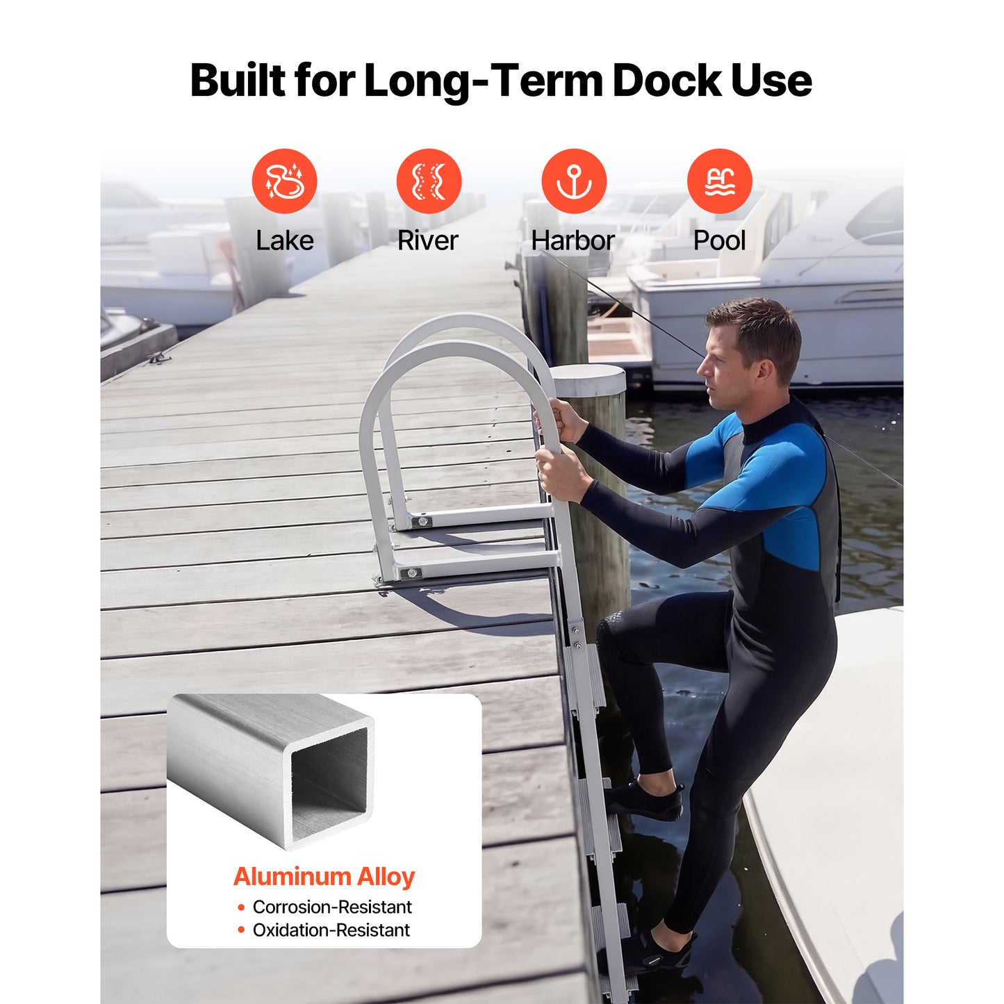 Removable Aluminum Dock Ladder - 4 Steps, Non-Slip Wide Treads, 500 Lb Capacity, Quick Release for Marine, Pool & Lake Swimming