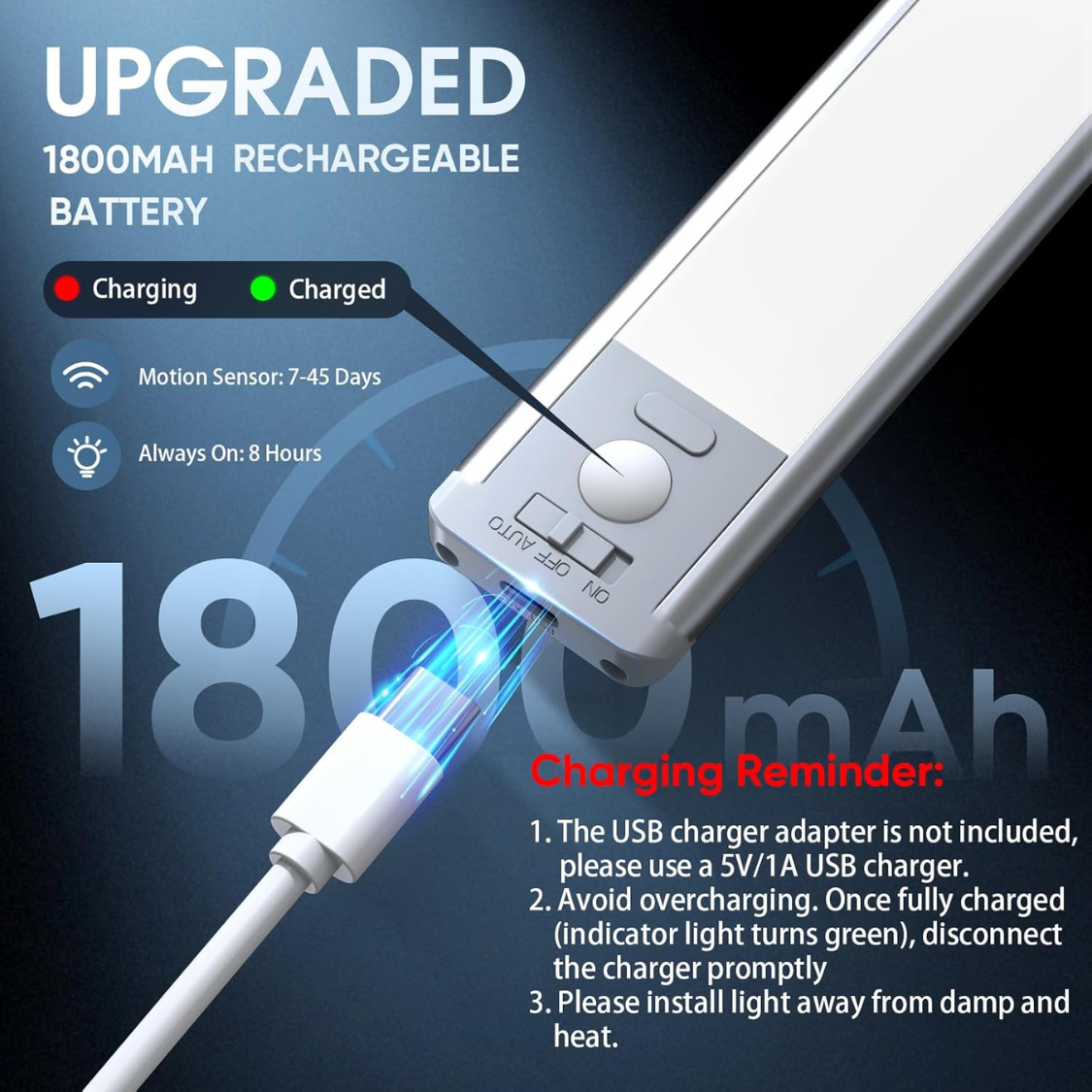 Rechargeable Motion Sensor Under Cabinet Lights 10 Inch, Dimmable & Wireless