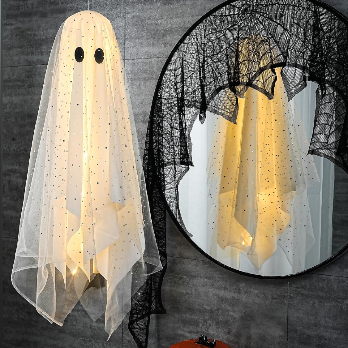 3-Piece Hanging Ghost Decoration Set with Remote-Controlled Lights