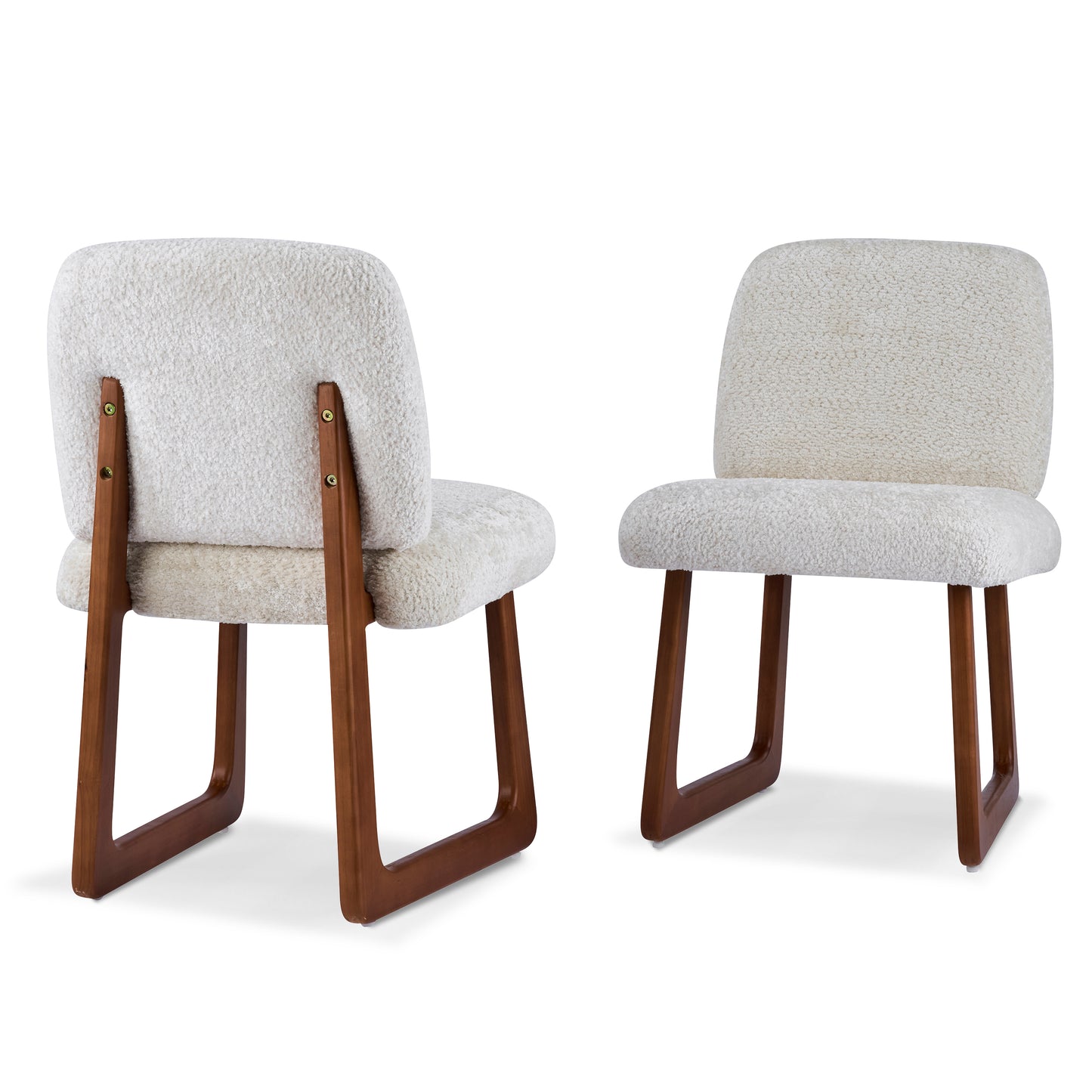 Plush Fabric Dining Chair Set of 2 with Curved Wooden Legs - Beige
