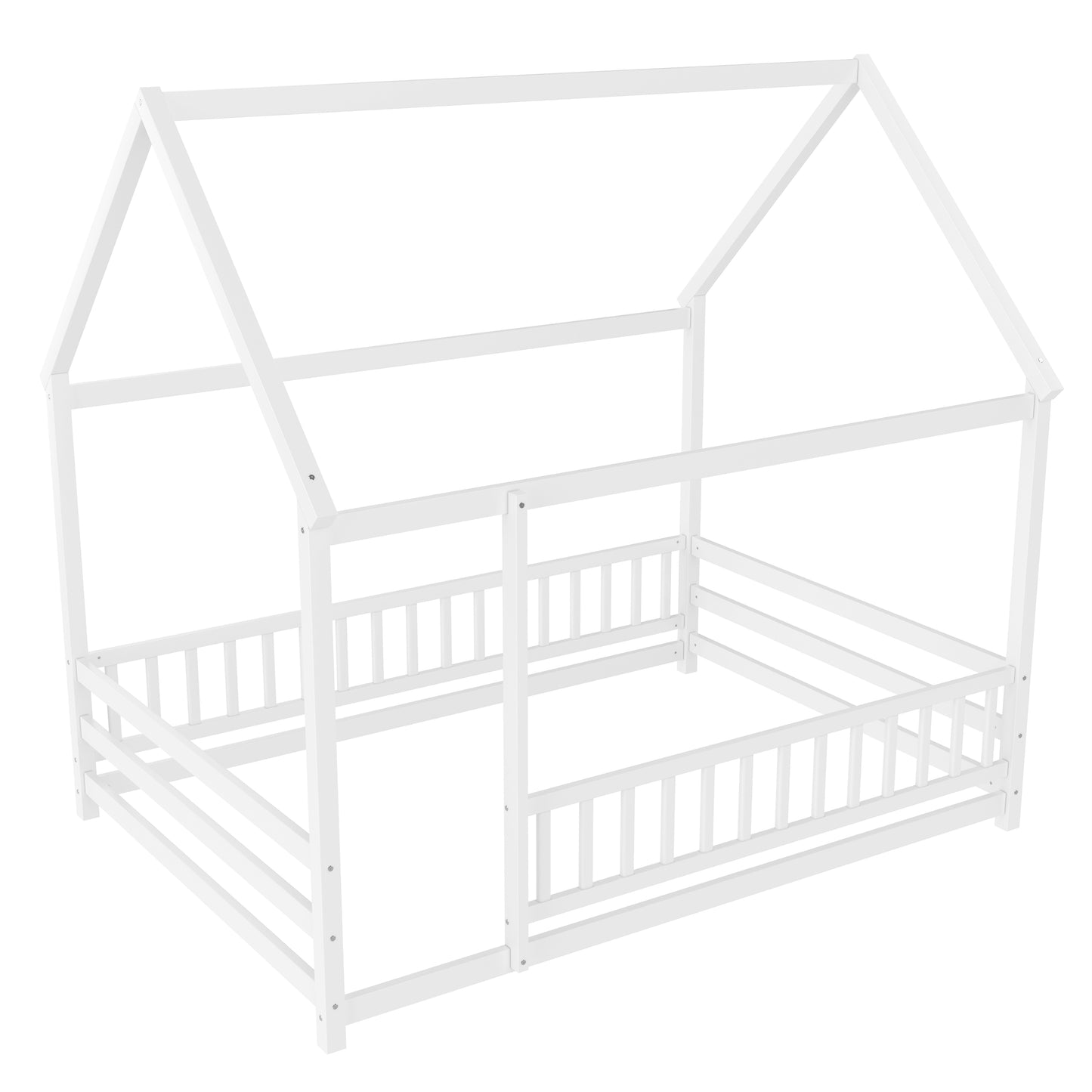 Full Size Wooden Floor Bed with House Roof Frame - White