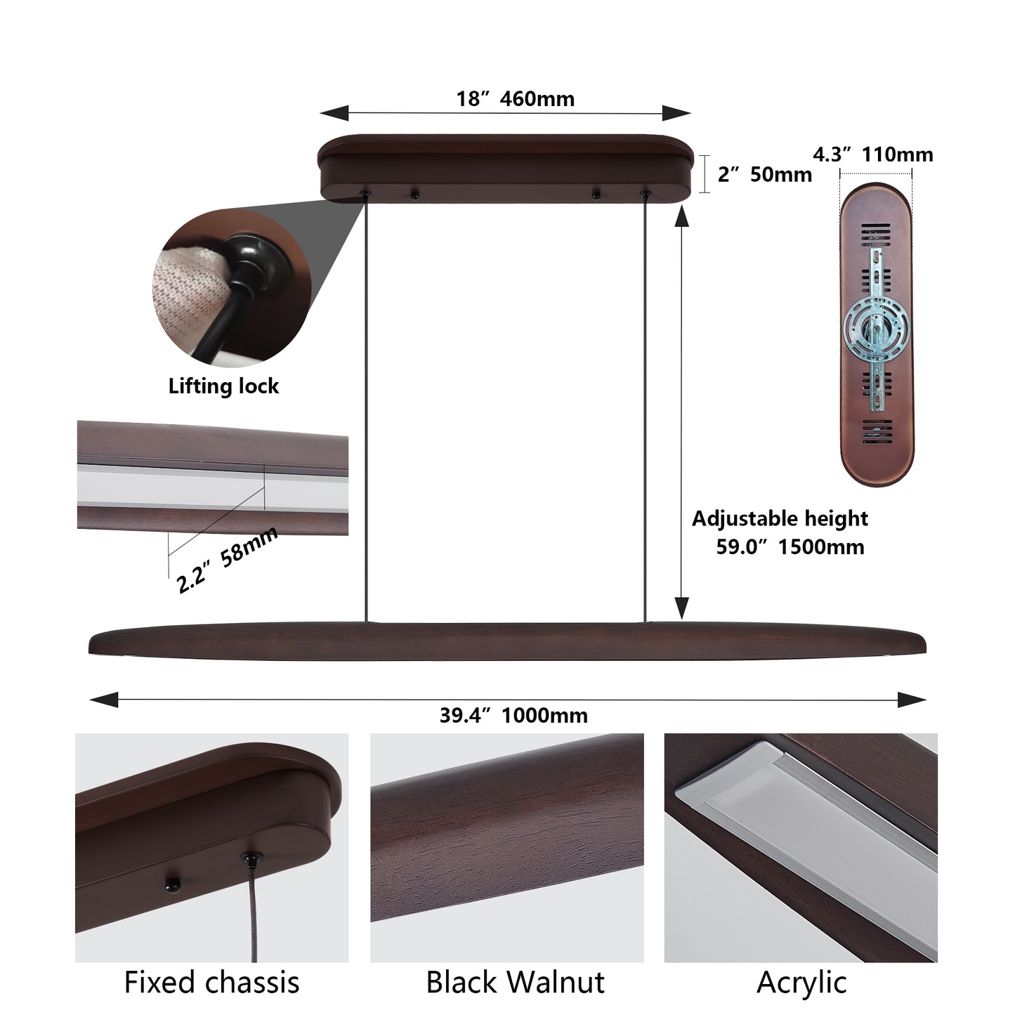 39 Inch Wooden LED Pendant Light with Remote Control - Walnut Finish