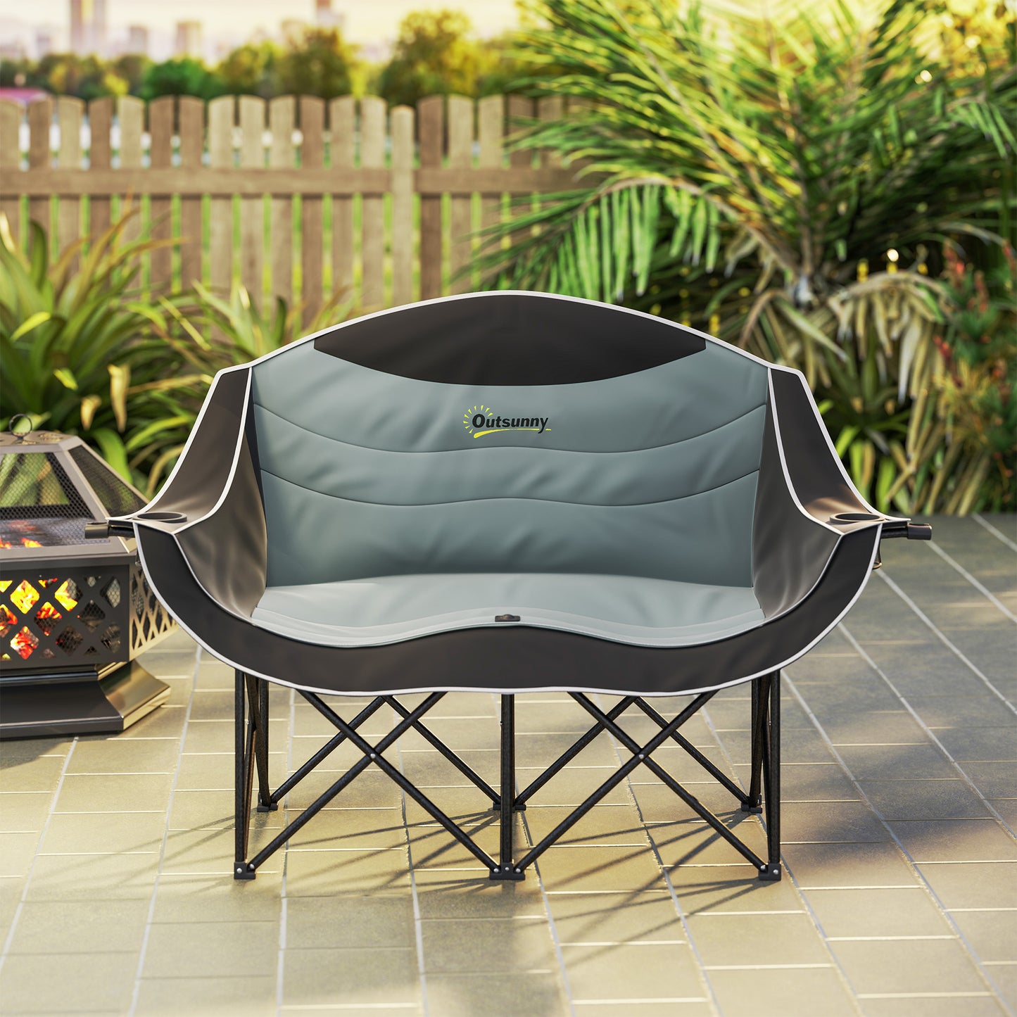 Double Padded Camping Chair with Armrests and Cup Holders - Black