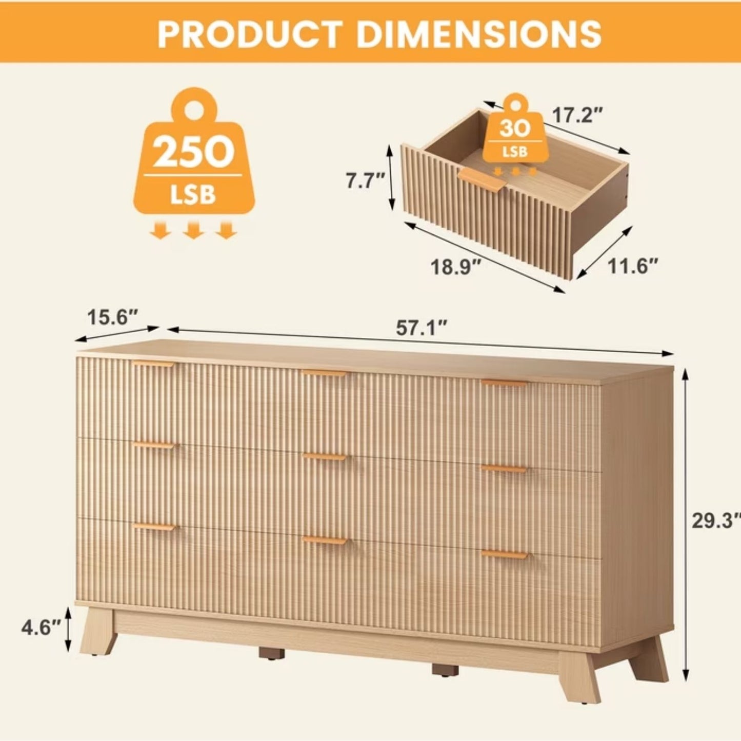 Modern 9-Drawer Wood Dresser with Fluted Panel Design