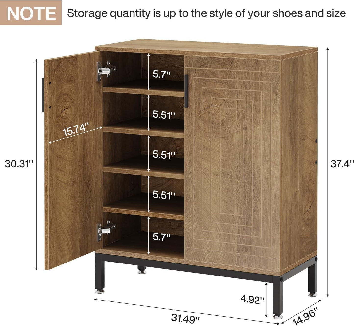Spacious Shoe Storage Cabinet - 5 Tier Organizer, Light Brown