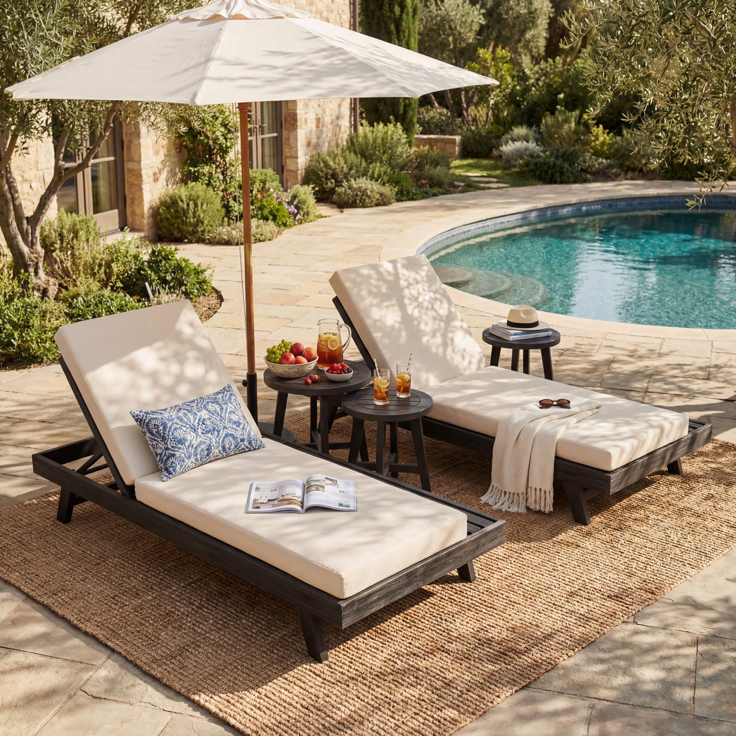 Outdoor Lounge Chaise Set in Black Acacia Wood with Cream Cushions