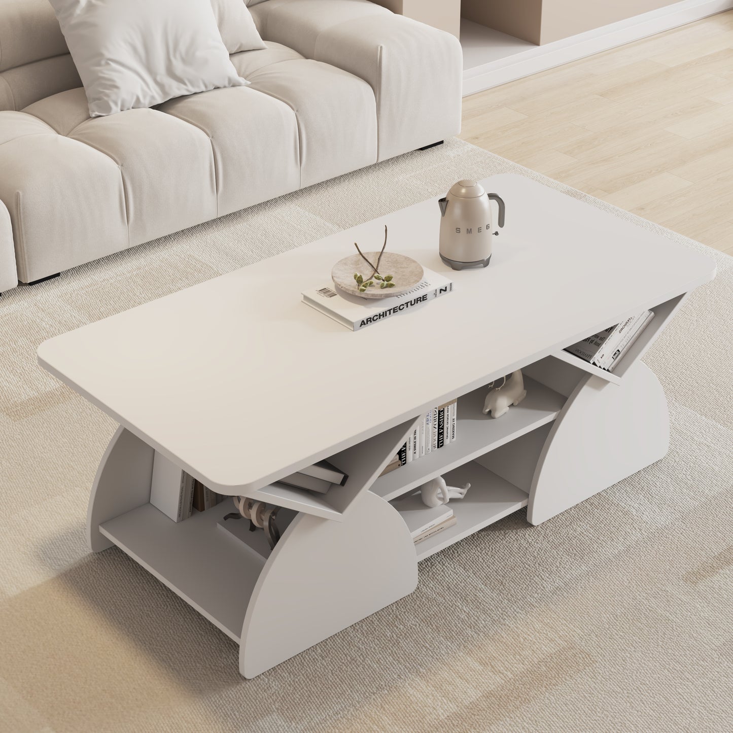 Engineered Wood Rounded Corner Rectangular Coffee Table For Living