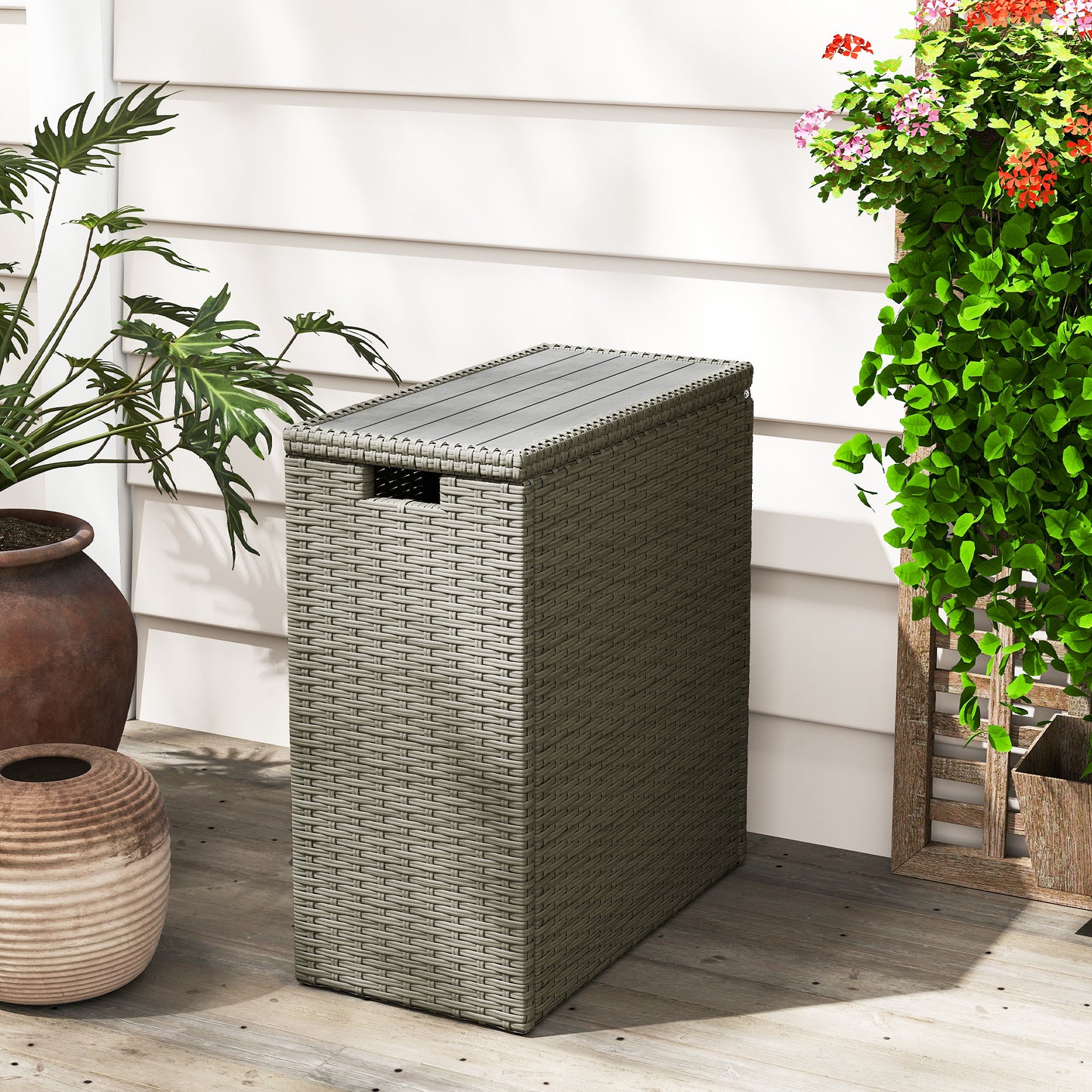 17-Gallon Wicker Outdoor Storage Box with Acacia Wood Top - Gray