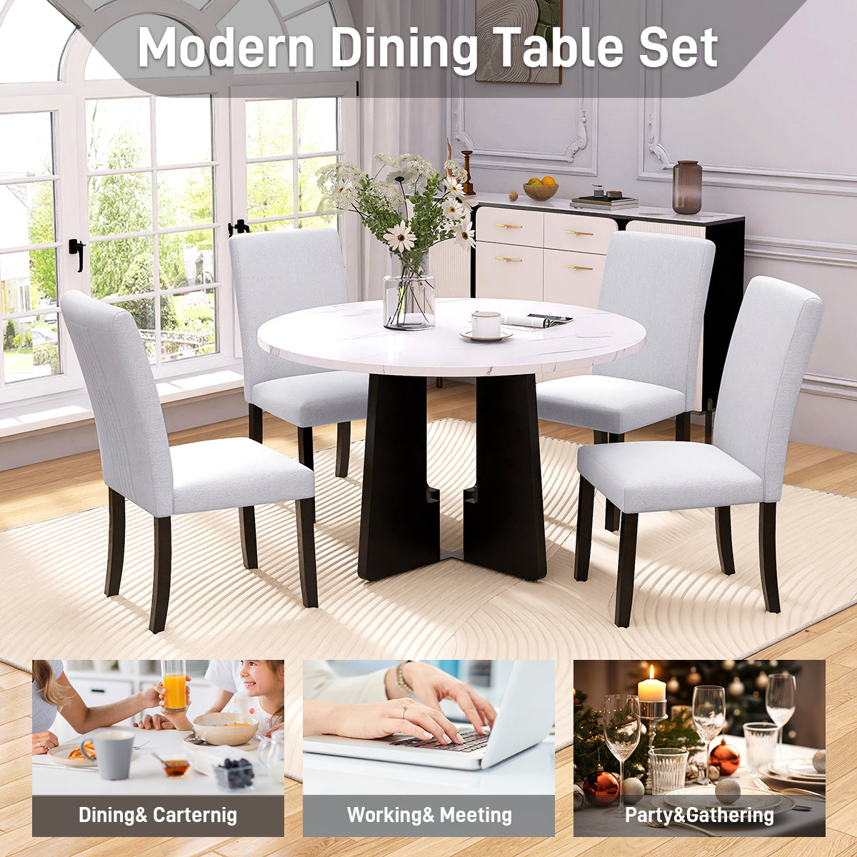 Round Dining Table For 4, 43-Inch Faux Marble Top, Mid-Century Modern