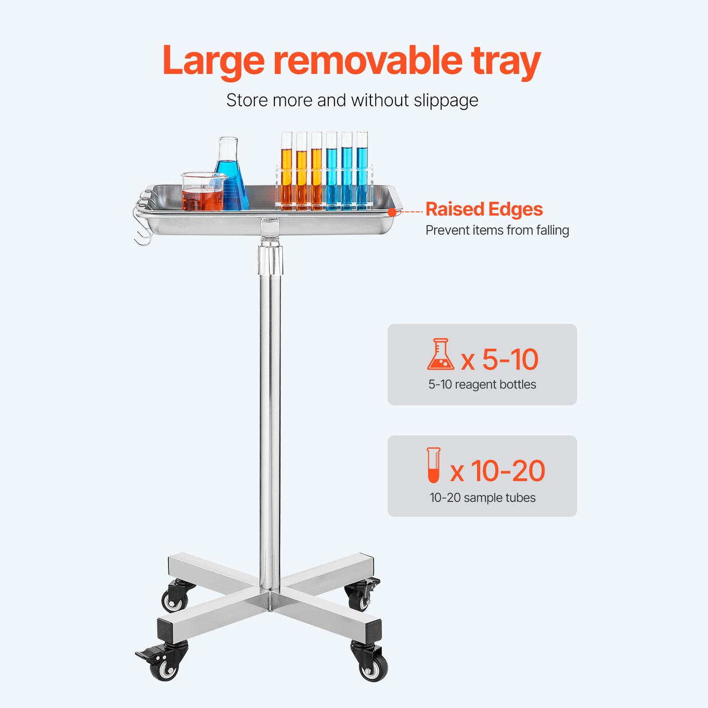 Stainless Steel Medical Tray on Wheels - Adjustable Height & Load Capacity 35Lbs