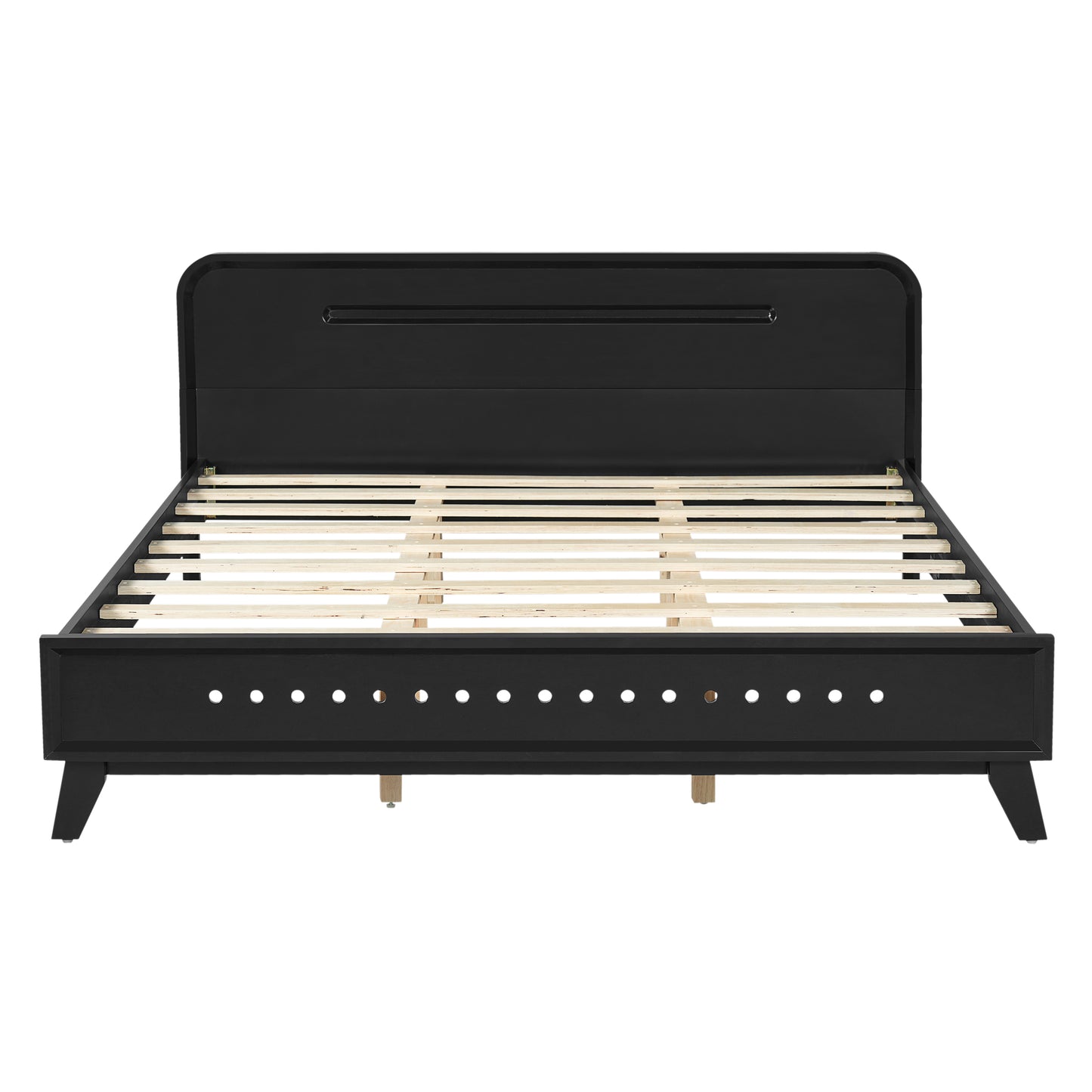 Queen Size Solid Wood Bed - Sturdy Pine Frame, No Box Spring Needed, Black
