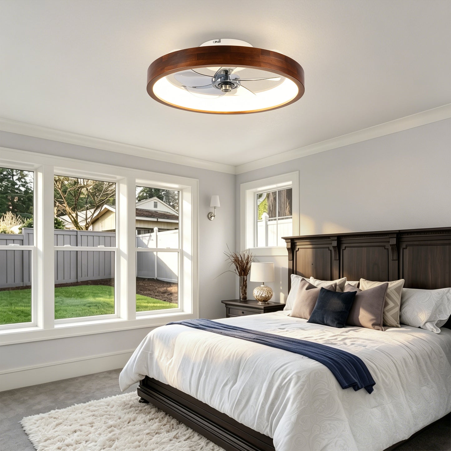 20" Modern Flush Mount Ceiling Fan with Dimmable LED Light - White