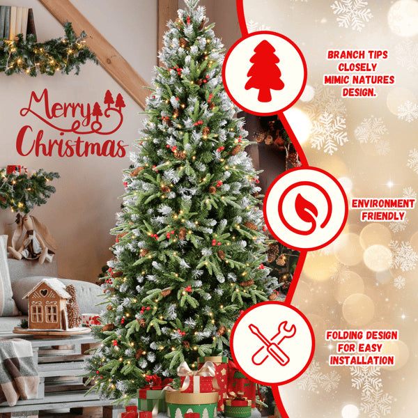 6ft LED Christmas Tree with Red Fruit & Pine Cones - Foldable
