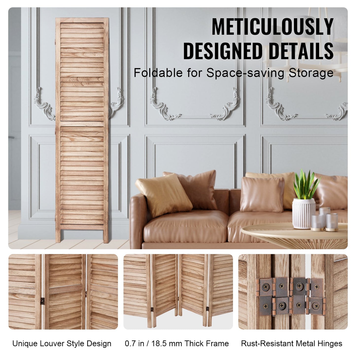 Wood Room Divider - 4 Panel Folding Privacy Screen, 66.9" Tall