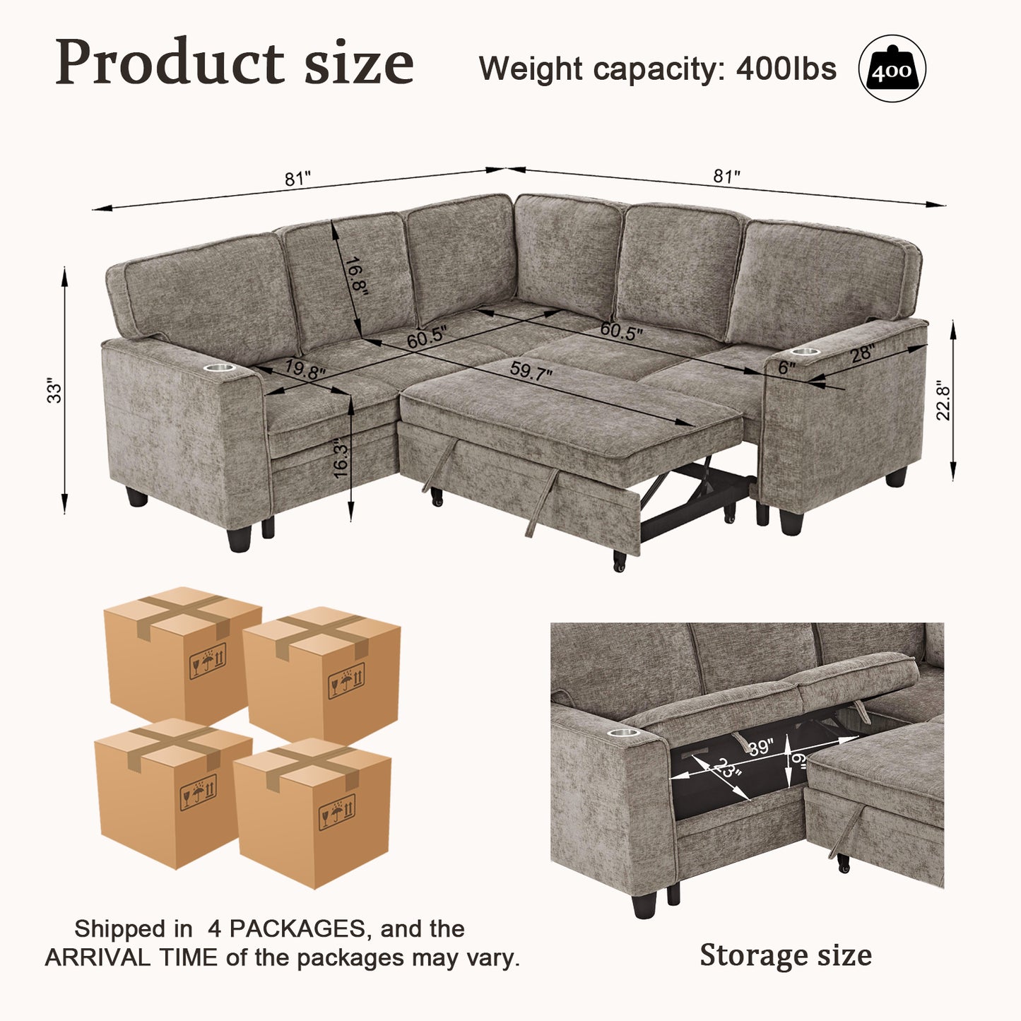 L-Shaped Sofa Bed with Storage & USB Ports - Light Brown