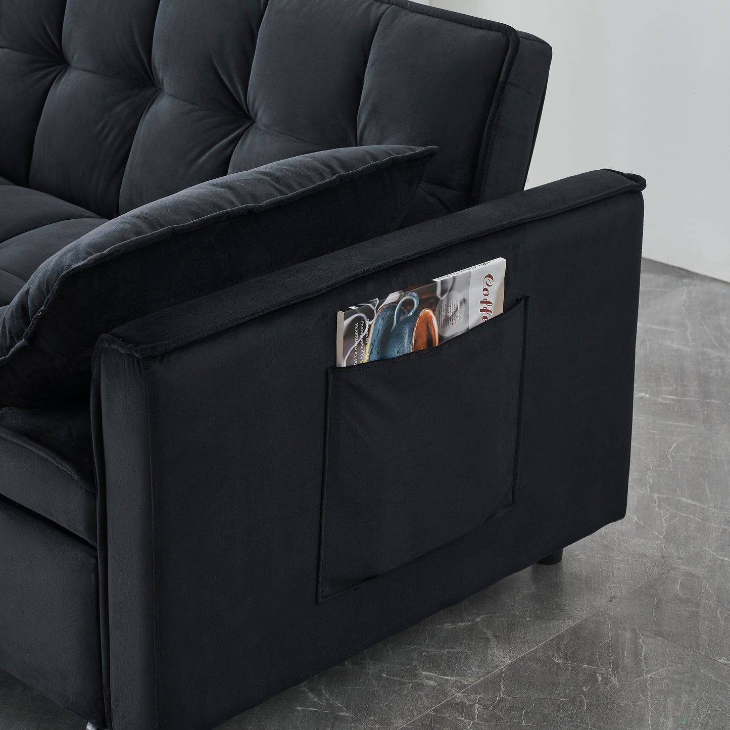 Convertible Velvet Sofa Bed with Pockets - Black Love Seat
