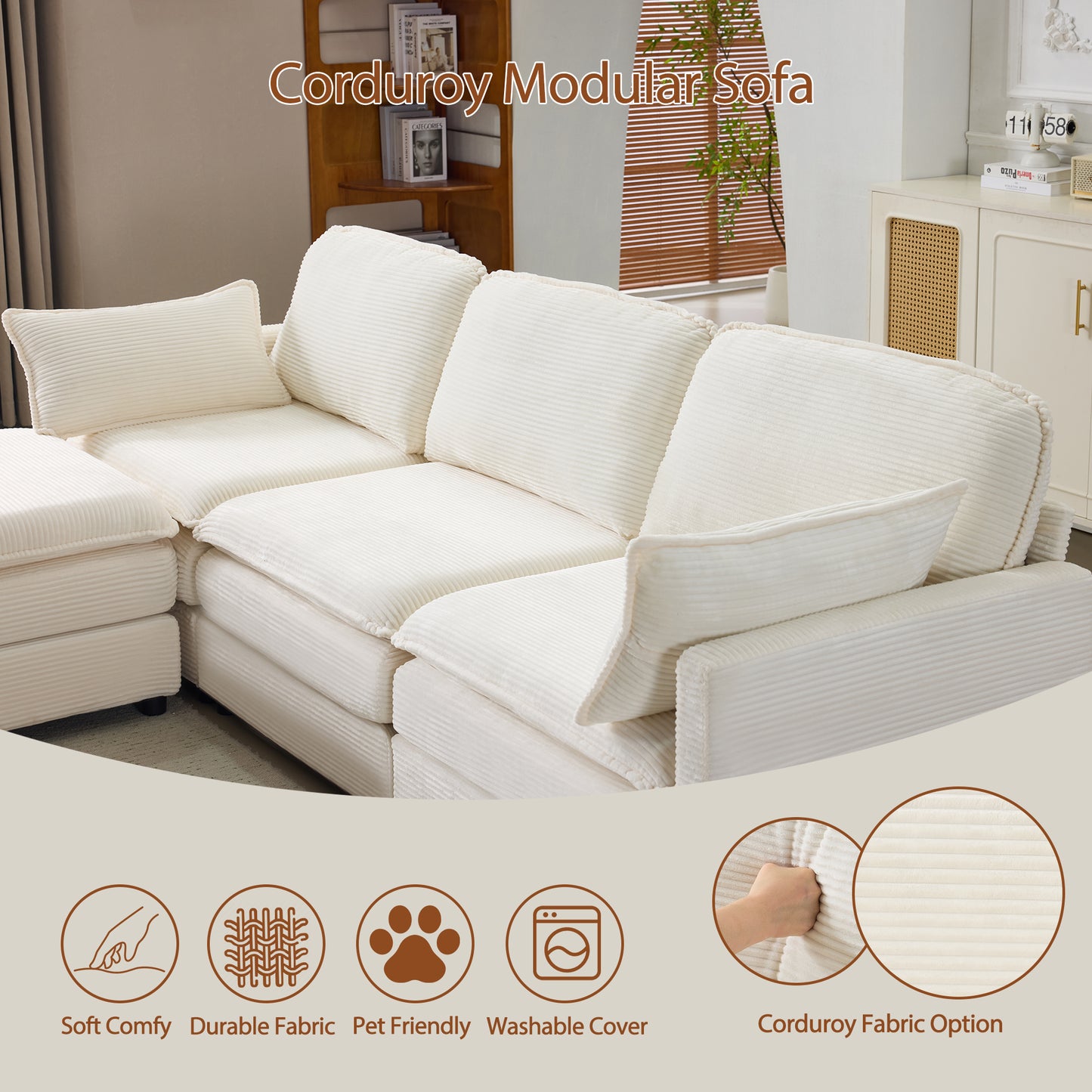104" Plush Cloud Modular 3 Seater Sofa with Ottoman & Cushions - Beige