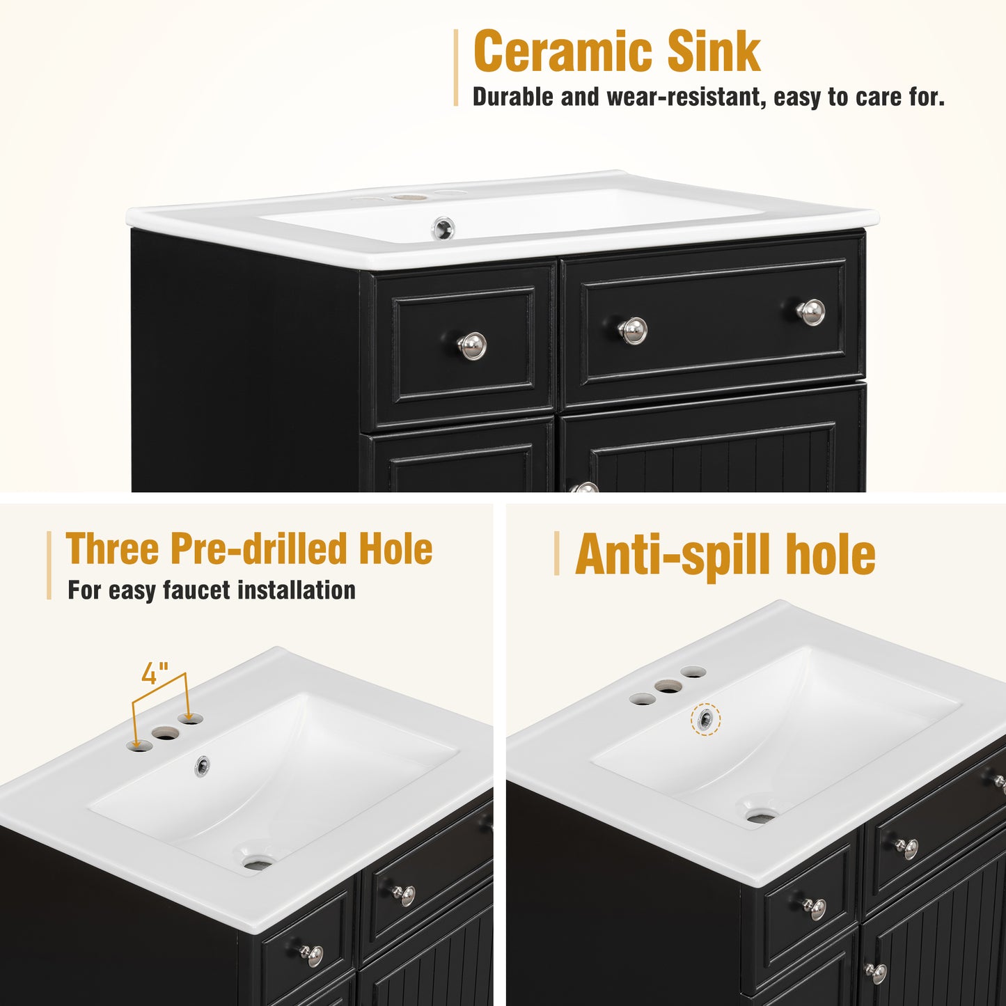 24-Inch Black Bathroom Vanity Cabinet with Ceramic Sink, 2 Drawers