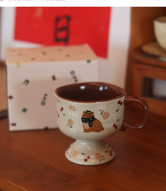 Antique Caramel Cat Ceramic Goblet - Cartoon Anime Design, 250ML