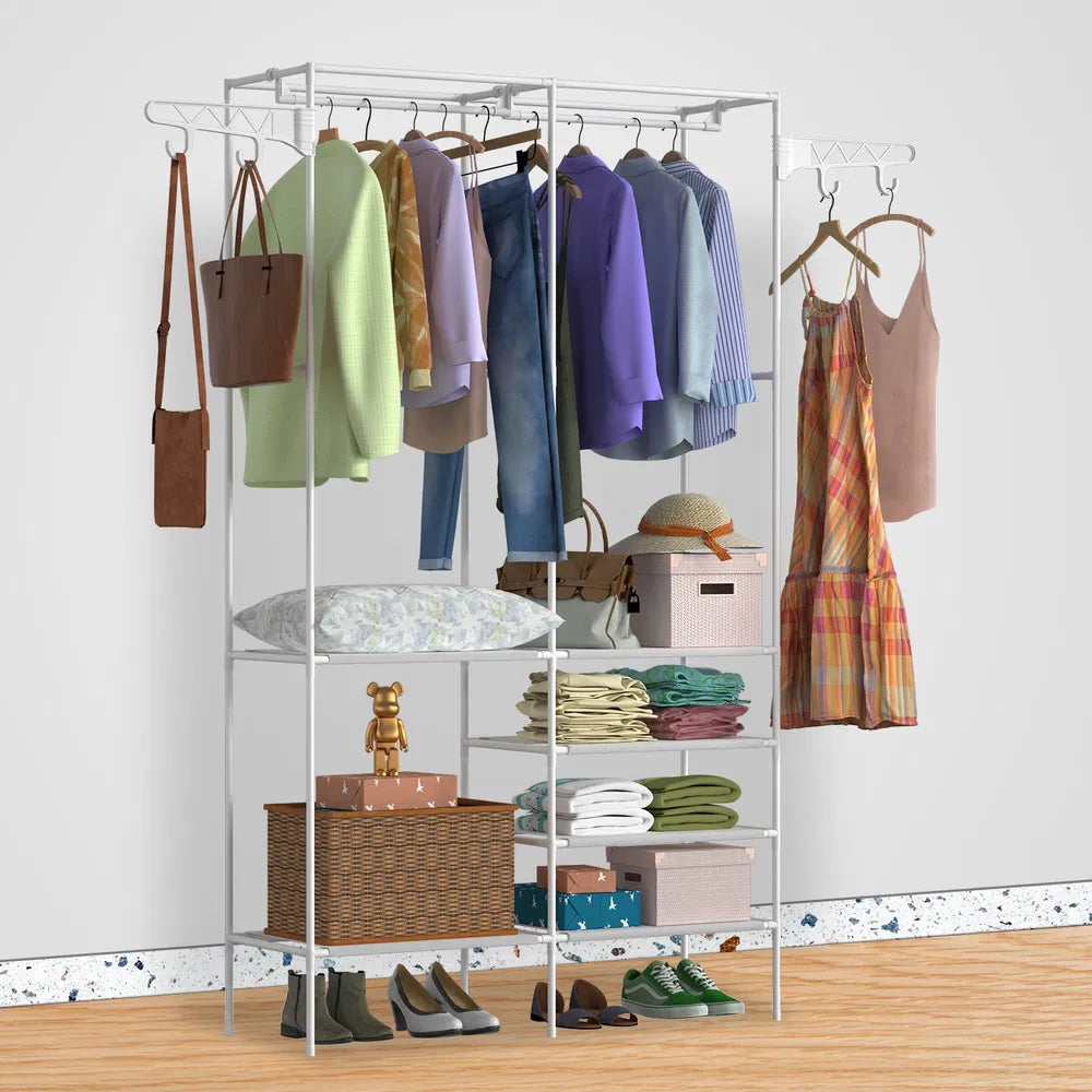 Metal Garment Rack Shoe Clothing Organizer Shelves Freestanding