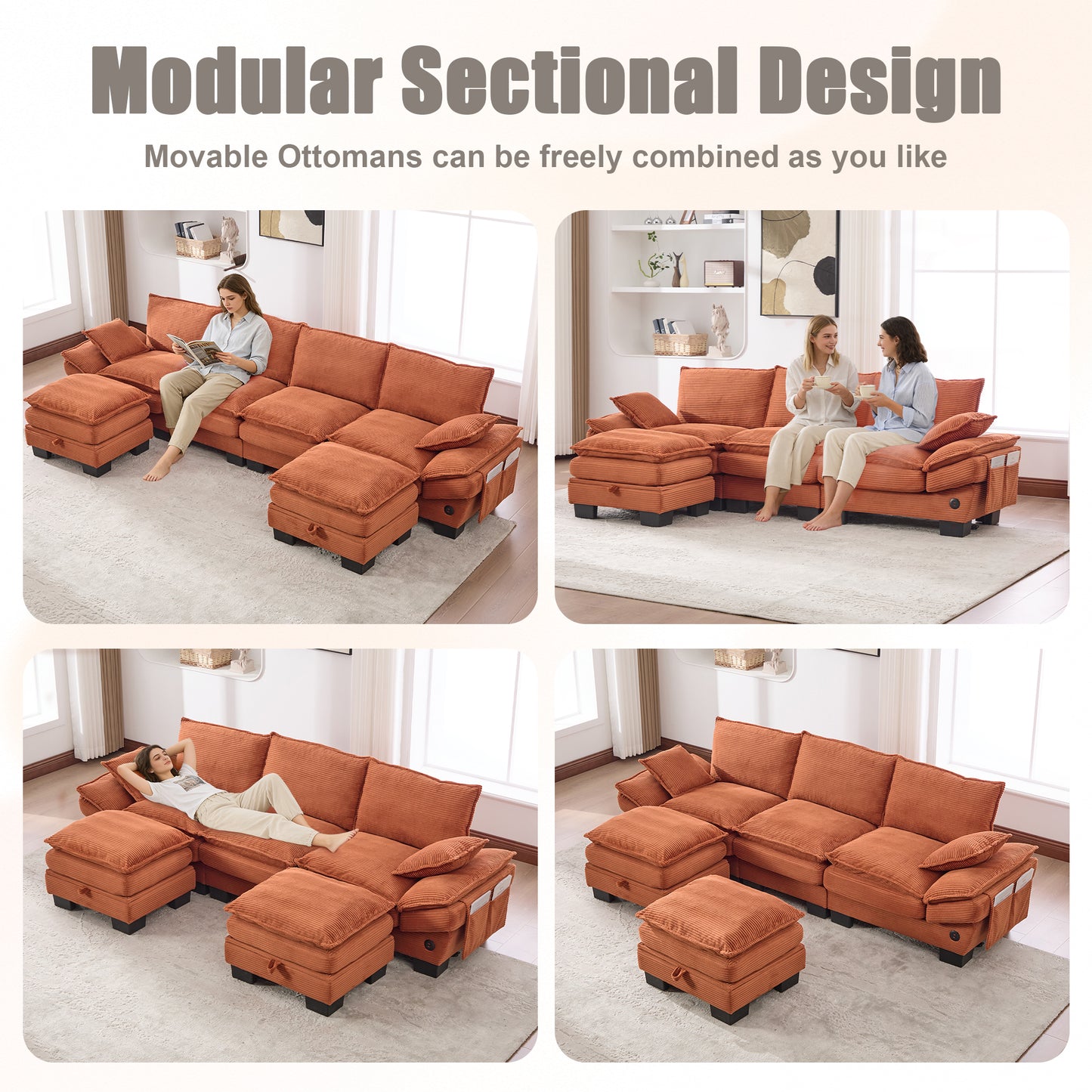 Modular Footstool in Orange Corduroy - Versatile Sofa Accessory