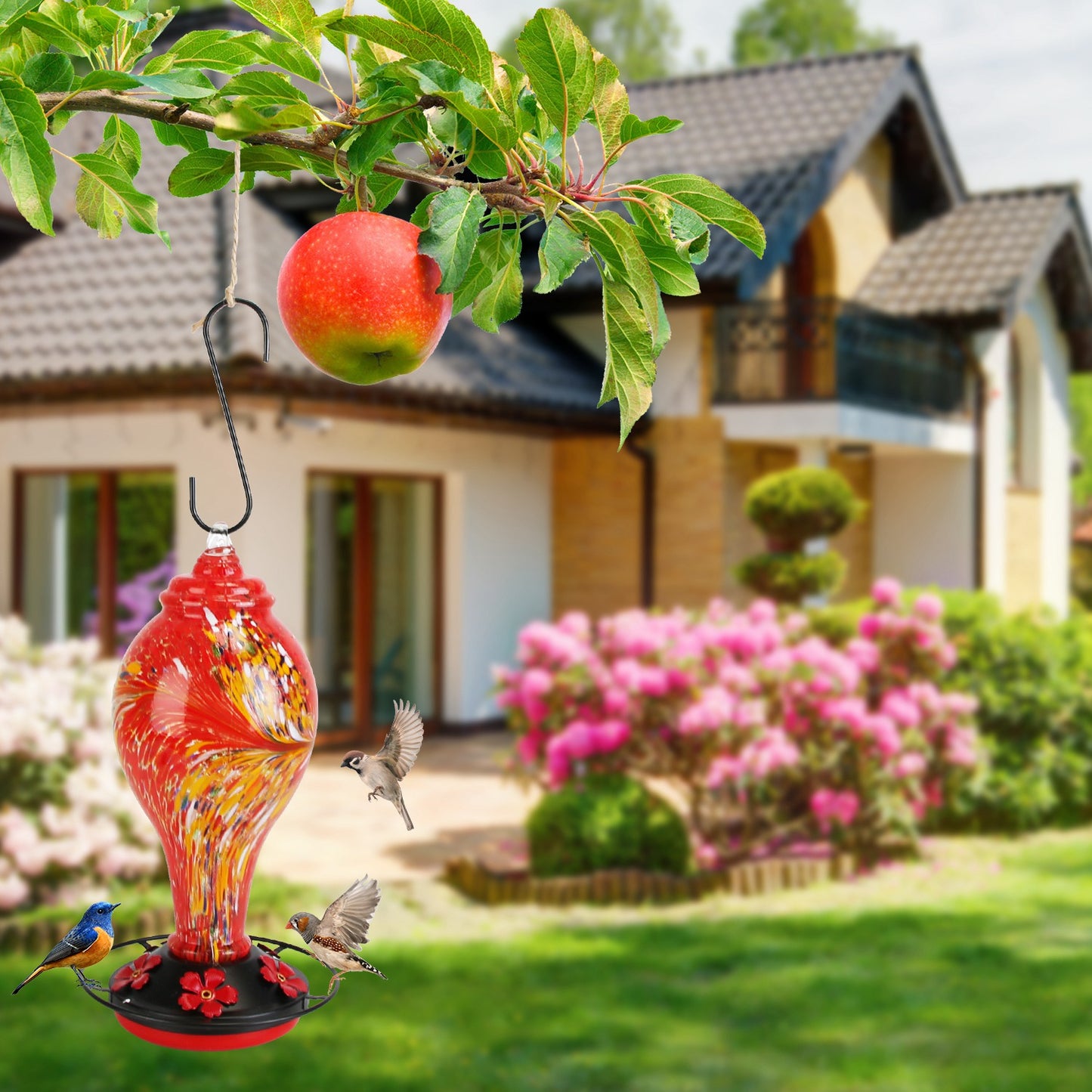 Glass Hummingbird Feeder 33OZ with 5 Flower Feeding Ports & Ant Moat - Garden Decor