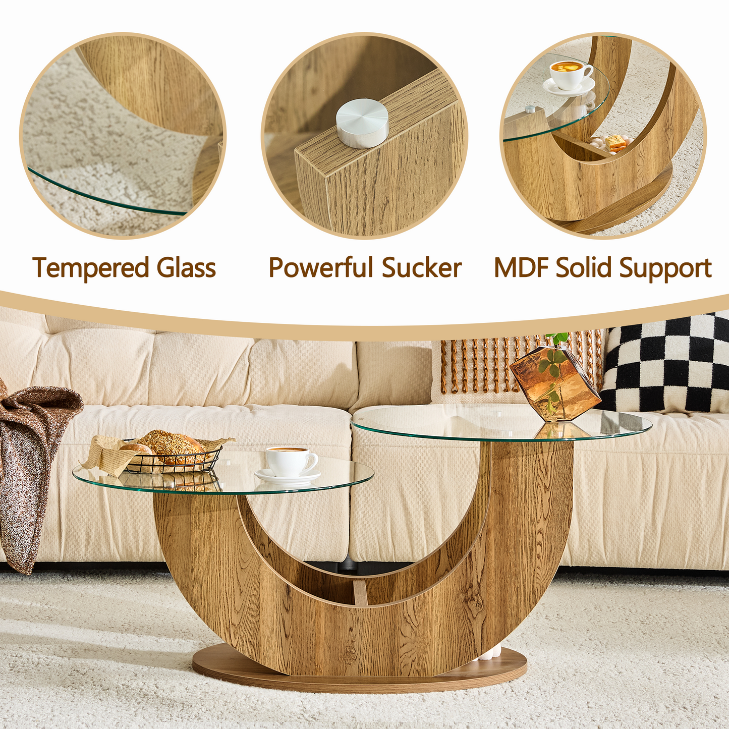 U-Shaped Double-Tier Glass Coffee Table with MDF Base