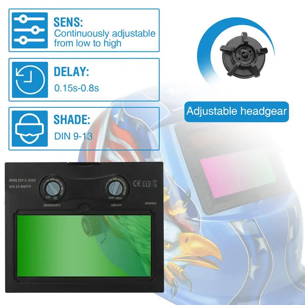 Solar Powered Auto Darkening Welding Helmet with Adjustable Shade 9-13 - Blue