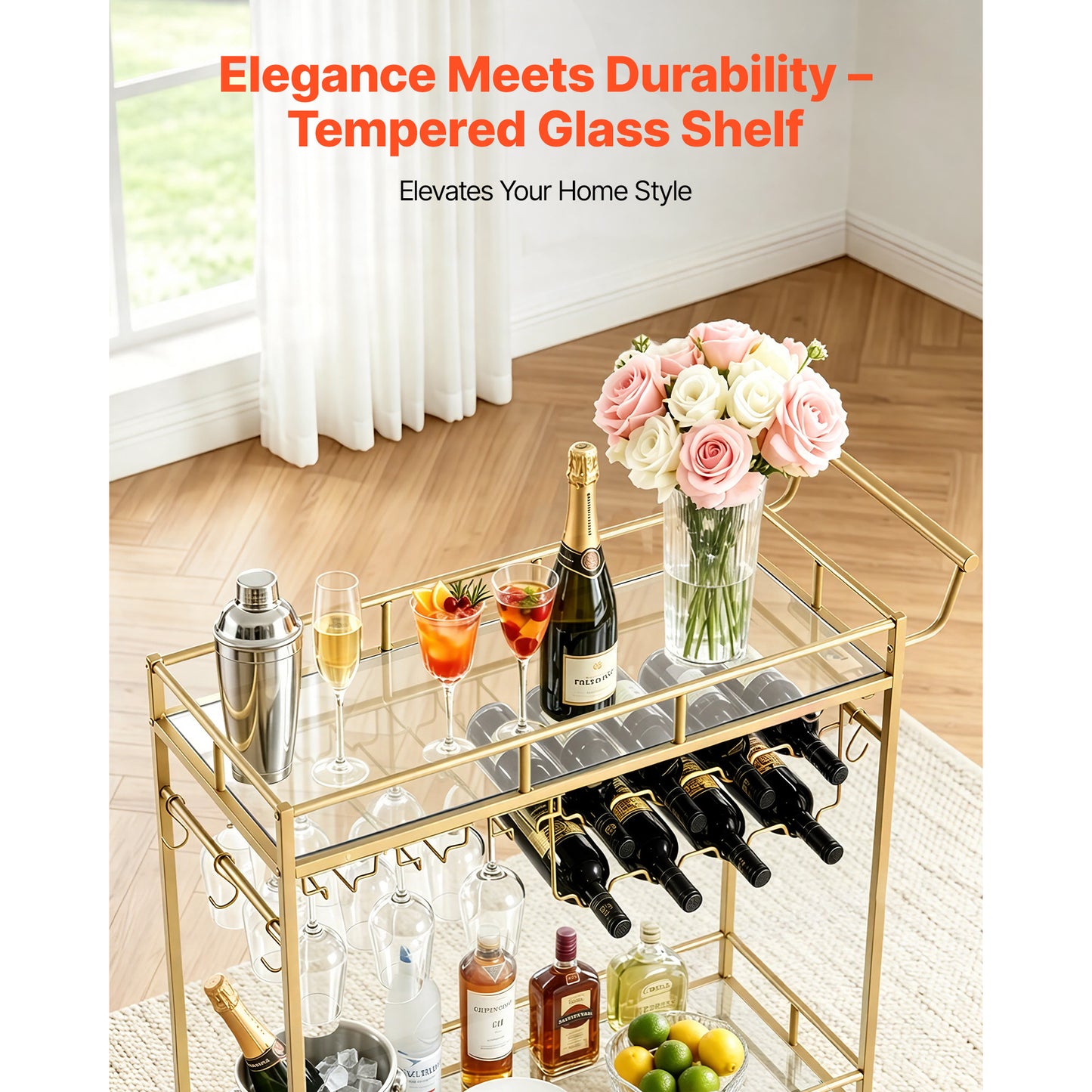 Bar Cart with Mirrored Glass Shelves and Wine Rack - Gold 2-Tier Serving Trolley