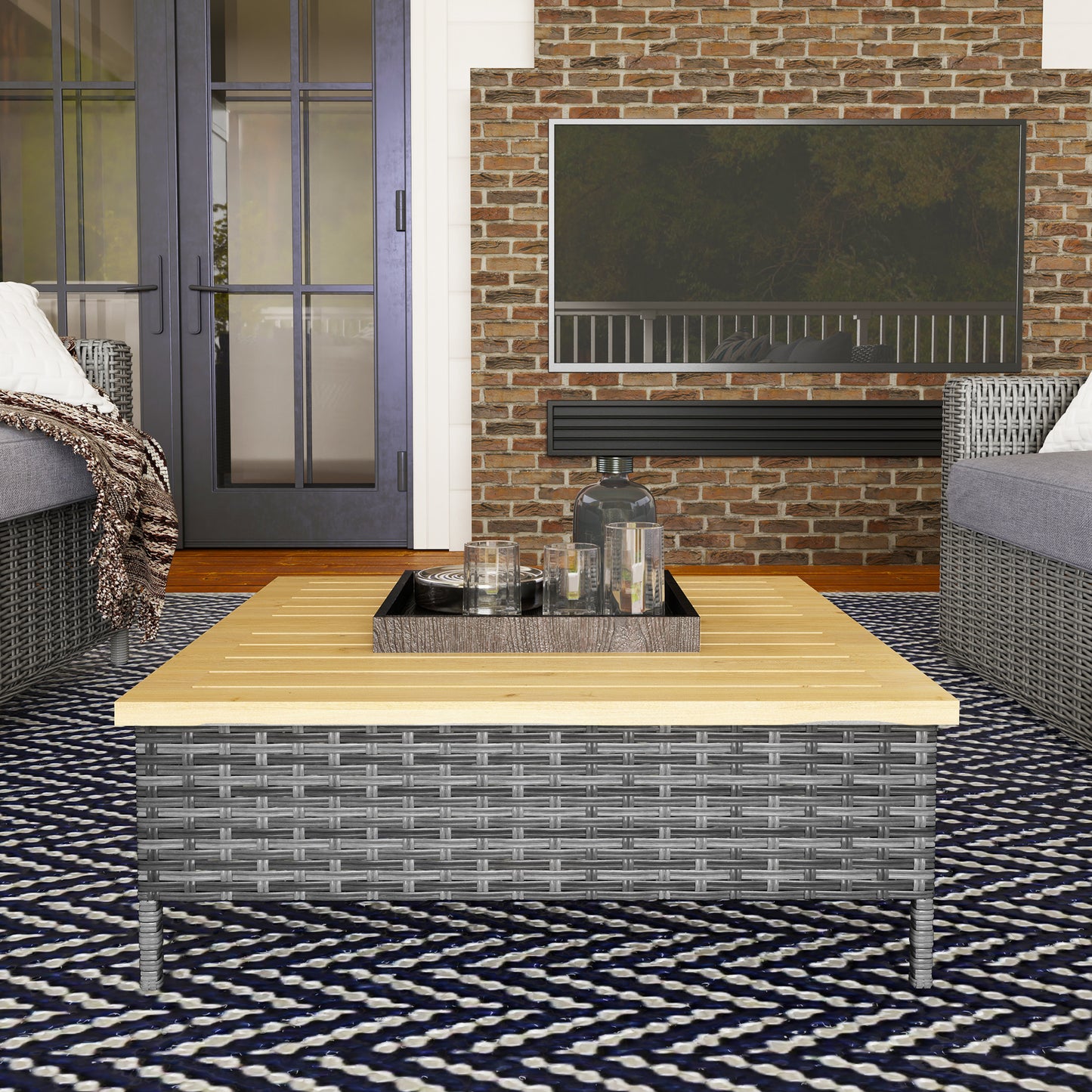 Outdoor Side Table with Gray PE Rattan & Fir Wood Top