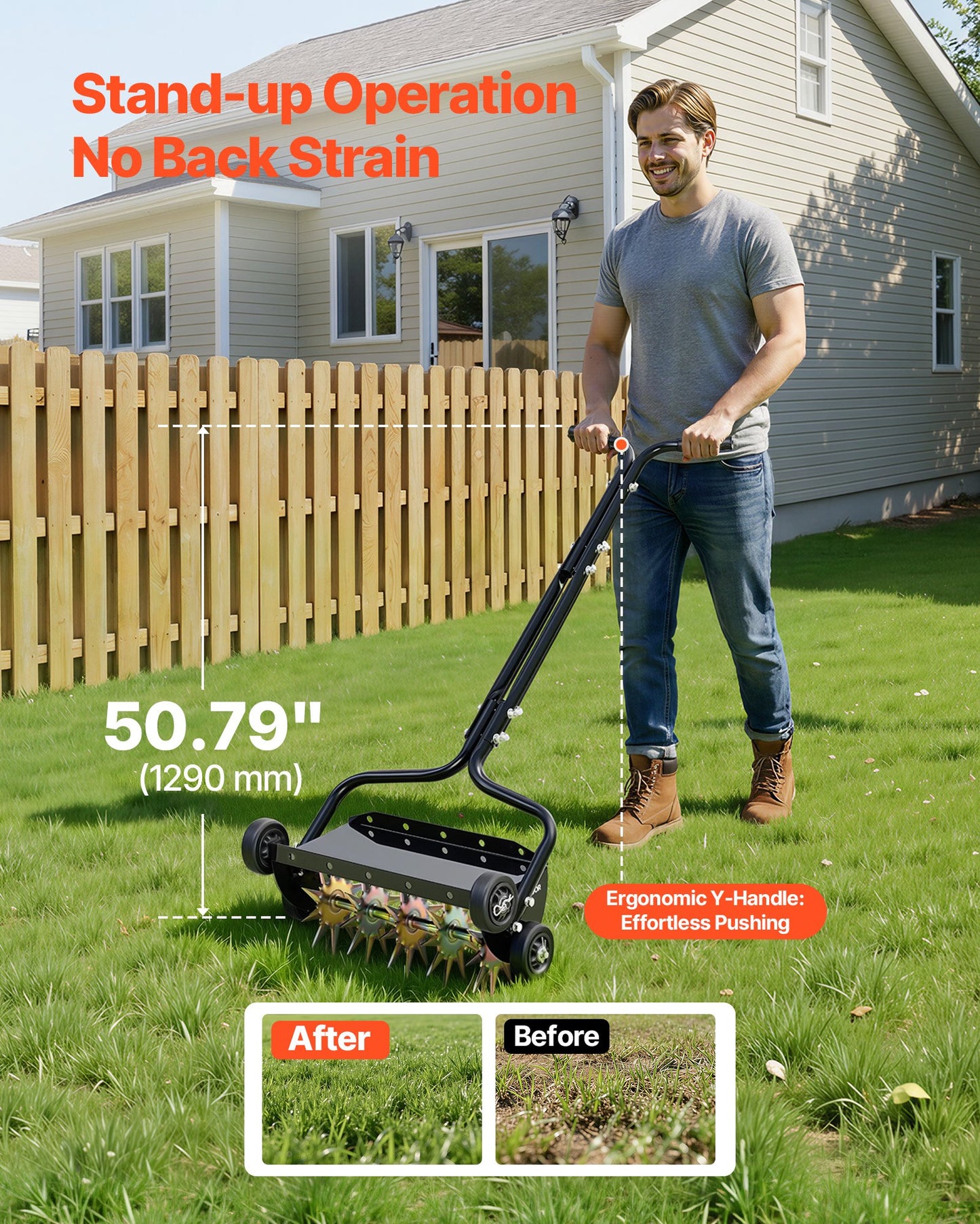 Manual Lawn Aerator Spike Tool with 4 Wheels & Handle - Heavy Duty Garden Soil Aeration