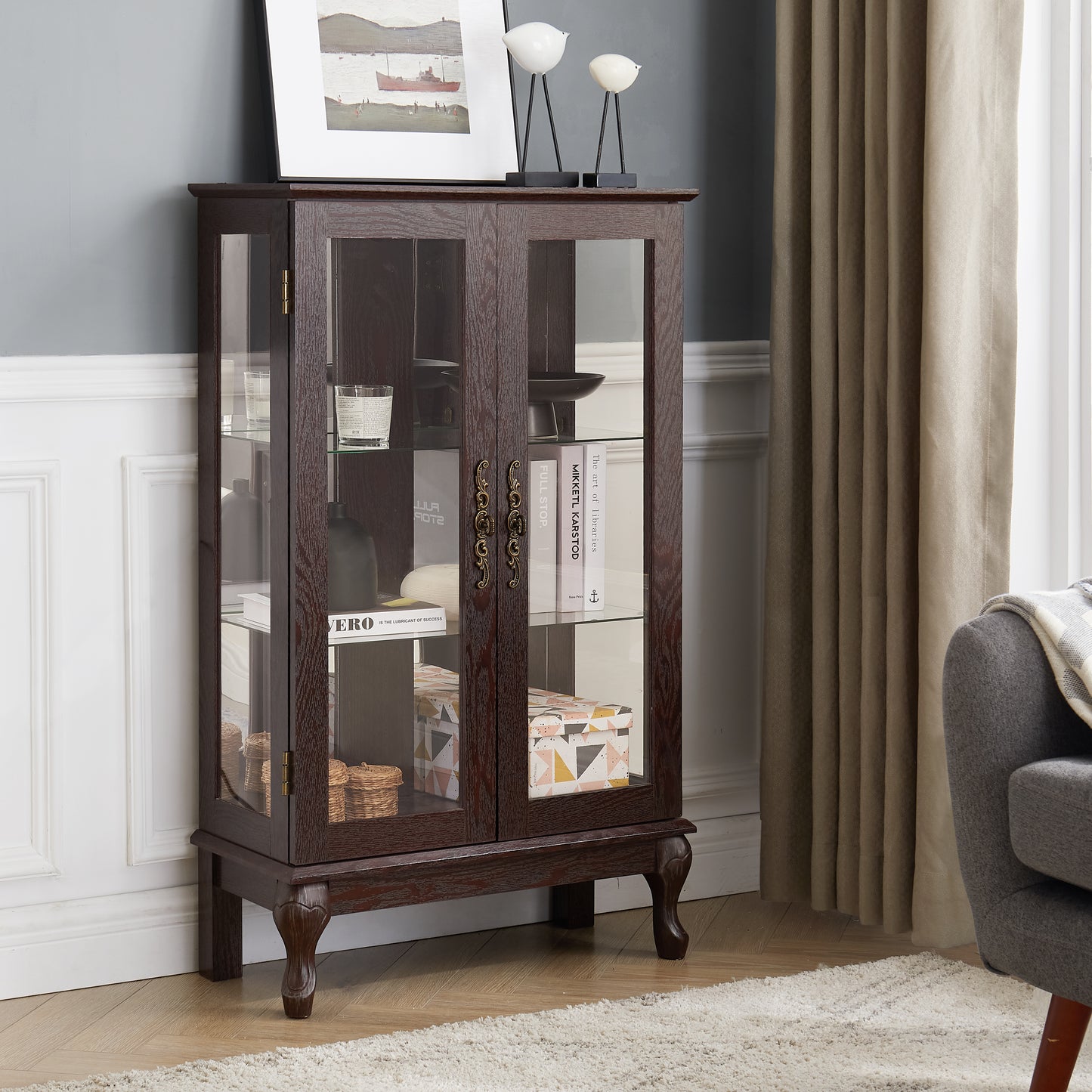Lighted Curio Cabinet with Glass Doors & Adjustable Shelves - Cherry