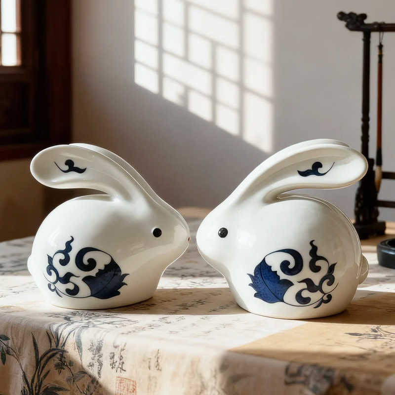 Blue-and-White Ceramic Rabbit Ornament Pair - Chinese Porcelain Decor