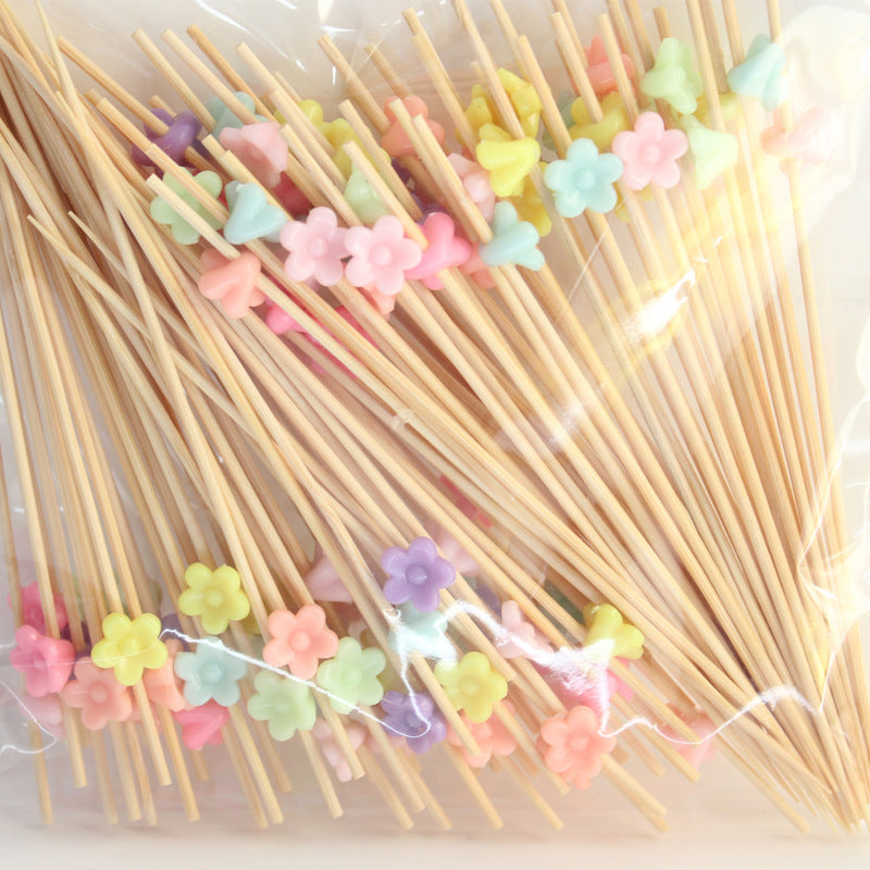 Set of 100 Bamboo Fruit Toothpicks with Colorful Star and Flower Designs, 12cm