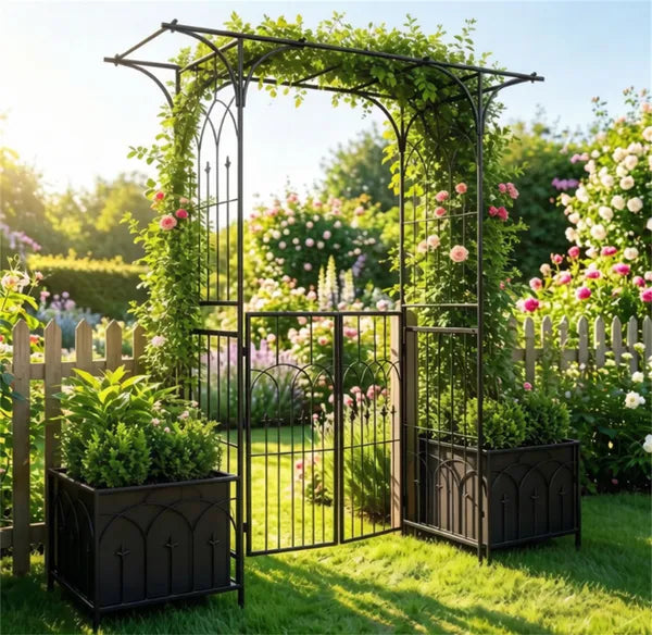 Metal Garden Arbor with Double Lockable Gate & Planter Boxes