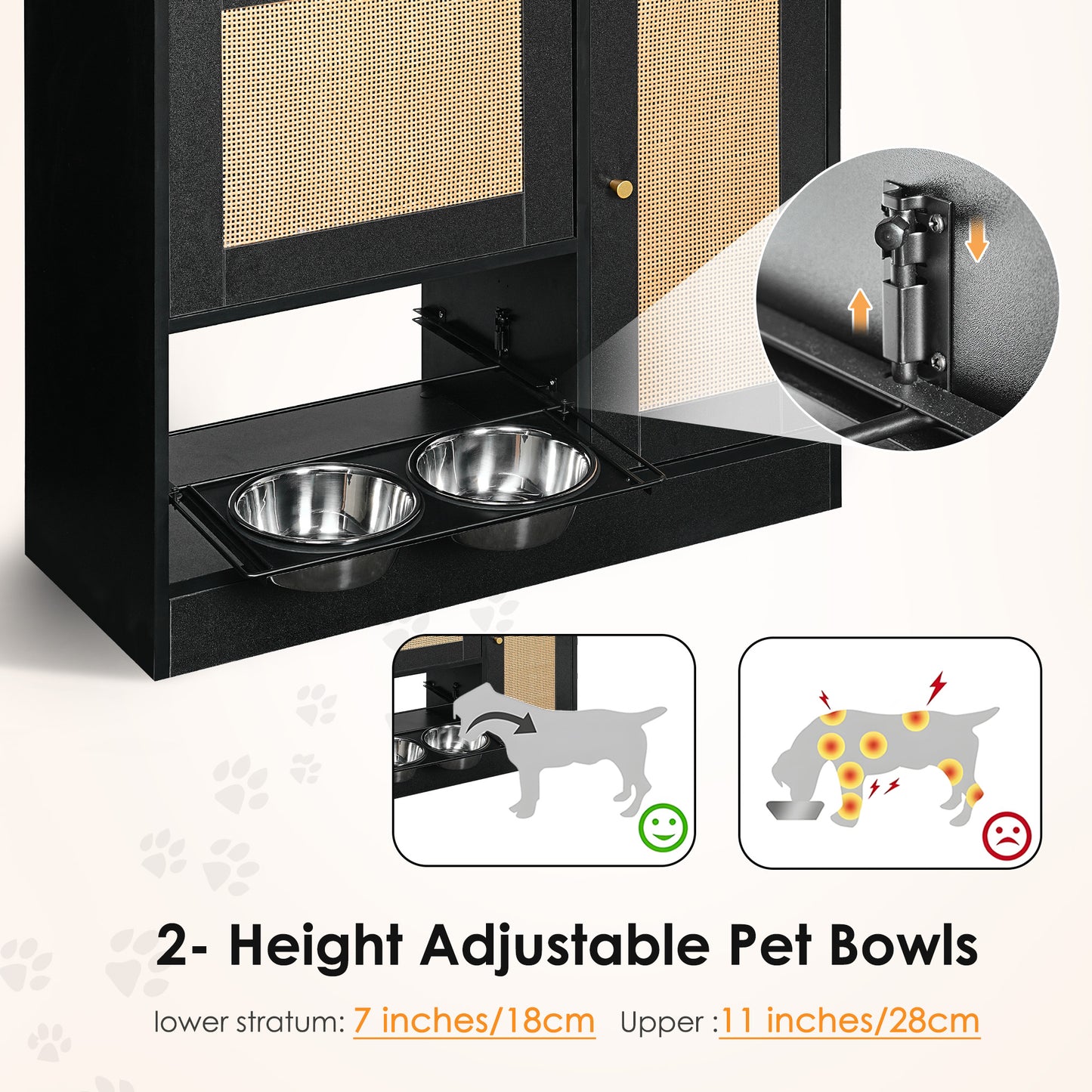Elevated Pet Feeding Station with 2 Lockers & Side Hooks - Black+Vintage