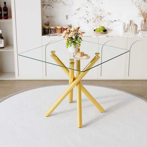 Modern Gold Bar Table With Tempered Glass Top, Sturdy Cross Metal