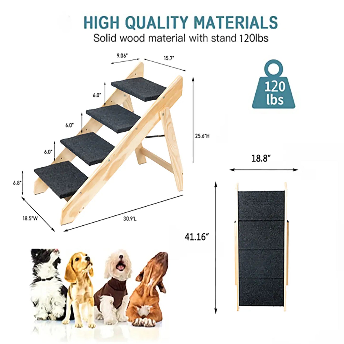 Foldable Wooden Pet Stairs & Ramp for Dogs & Cats - 3 Levels, Up to 110 lbs, Grey