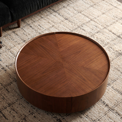 39.3-Inch Walnut Coffee Table - Circular Design for Living Room