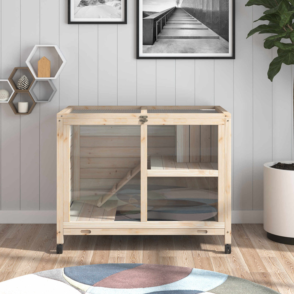 Wooden Rabbit Hutch with Wheels, Openable Roof, Waterproof Small Animal Cage