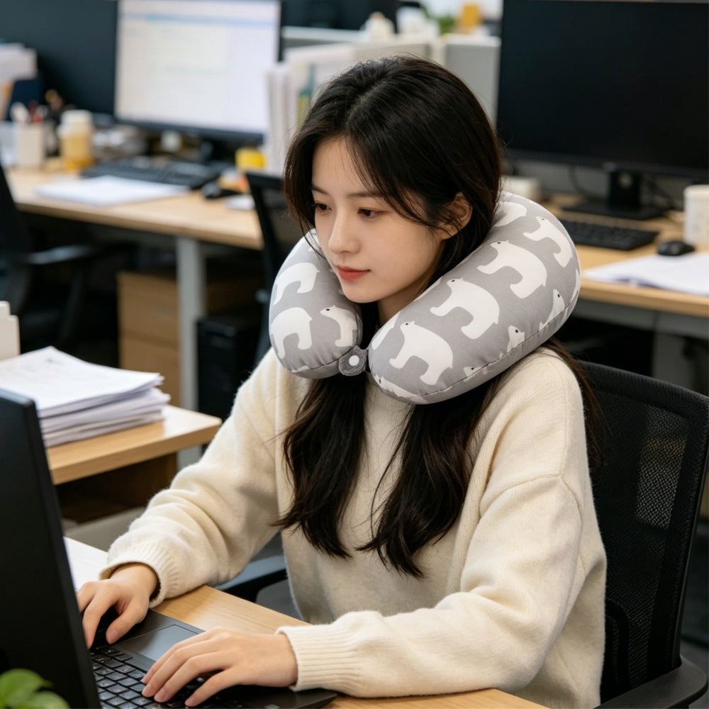 Travel Neck Pillow with U-Shape Support and Polar Bear Design - Portable & Comfortable Grey