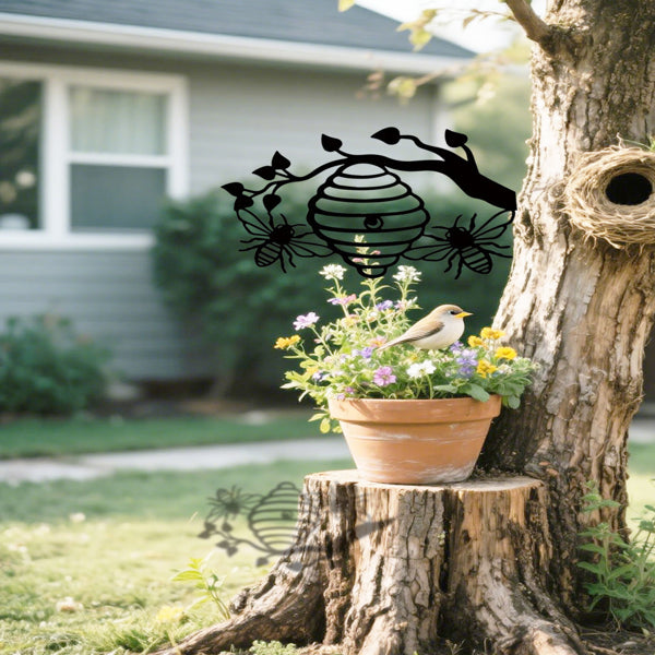 Sunny Yellow Honeycomb Iron Wall Art - Bee & Tree Silhouette