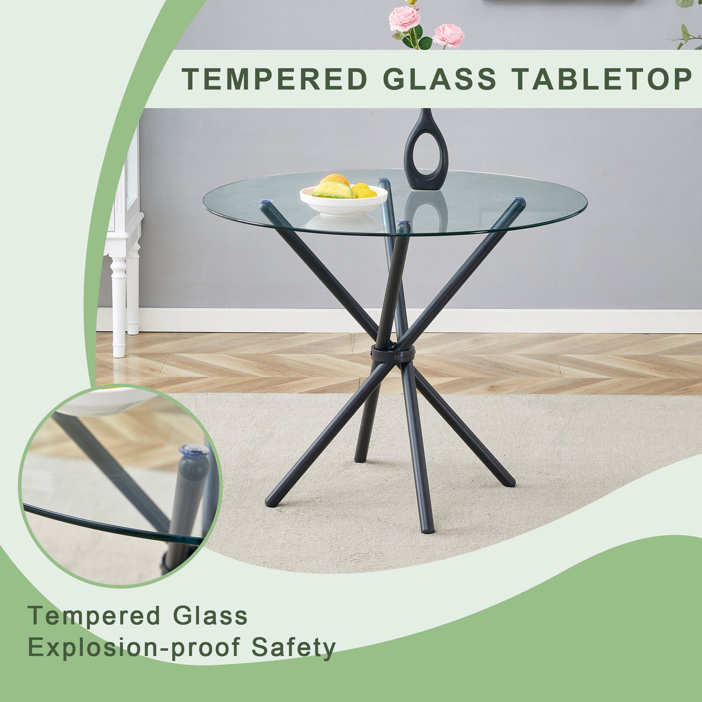 A Circular Transparent Tempered Glass Round Table With Diameter Of